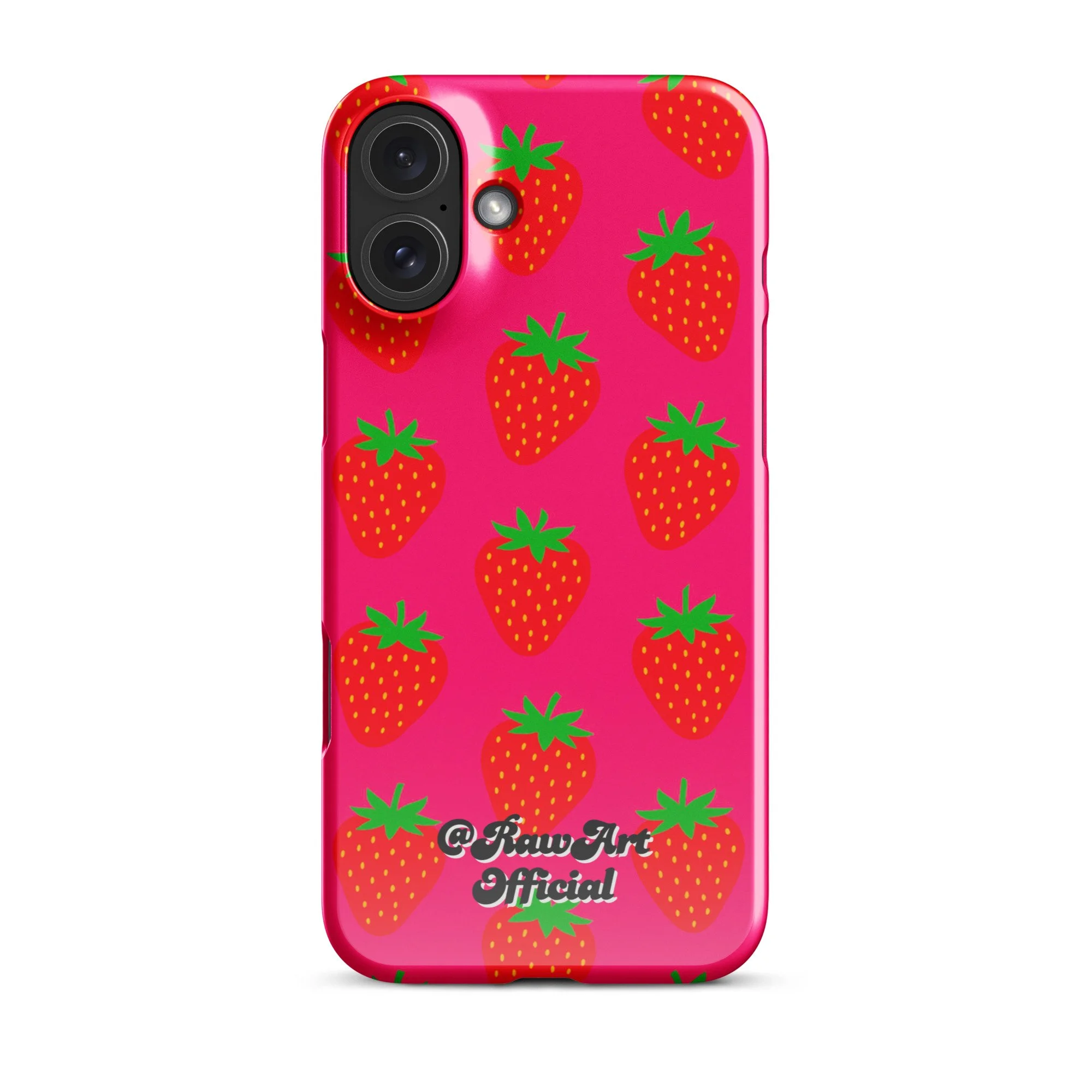 Hot pink iPhone case with red strawberry pattern, retro fruity design.