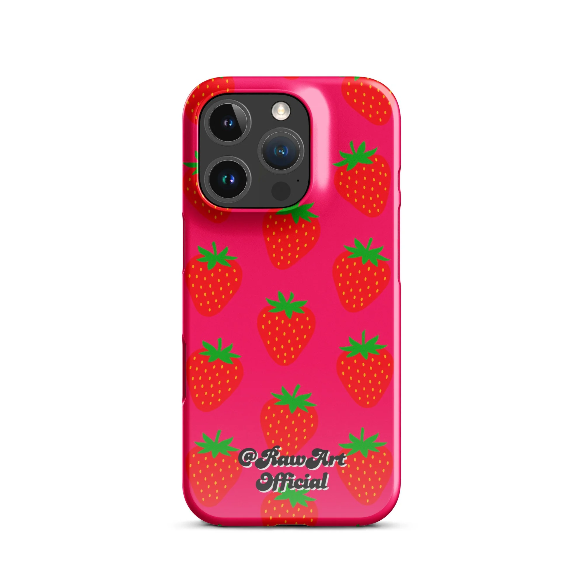 Hot pink iPhone case with red strawberry pattern, retro fruity design.
