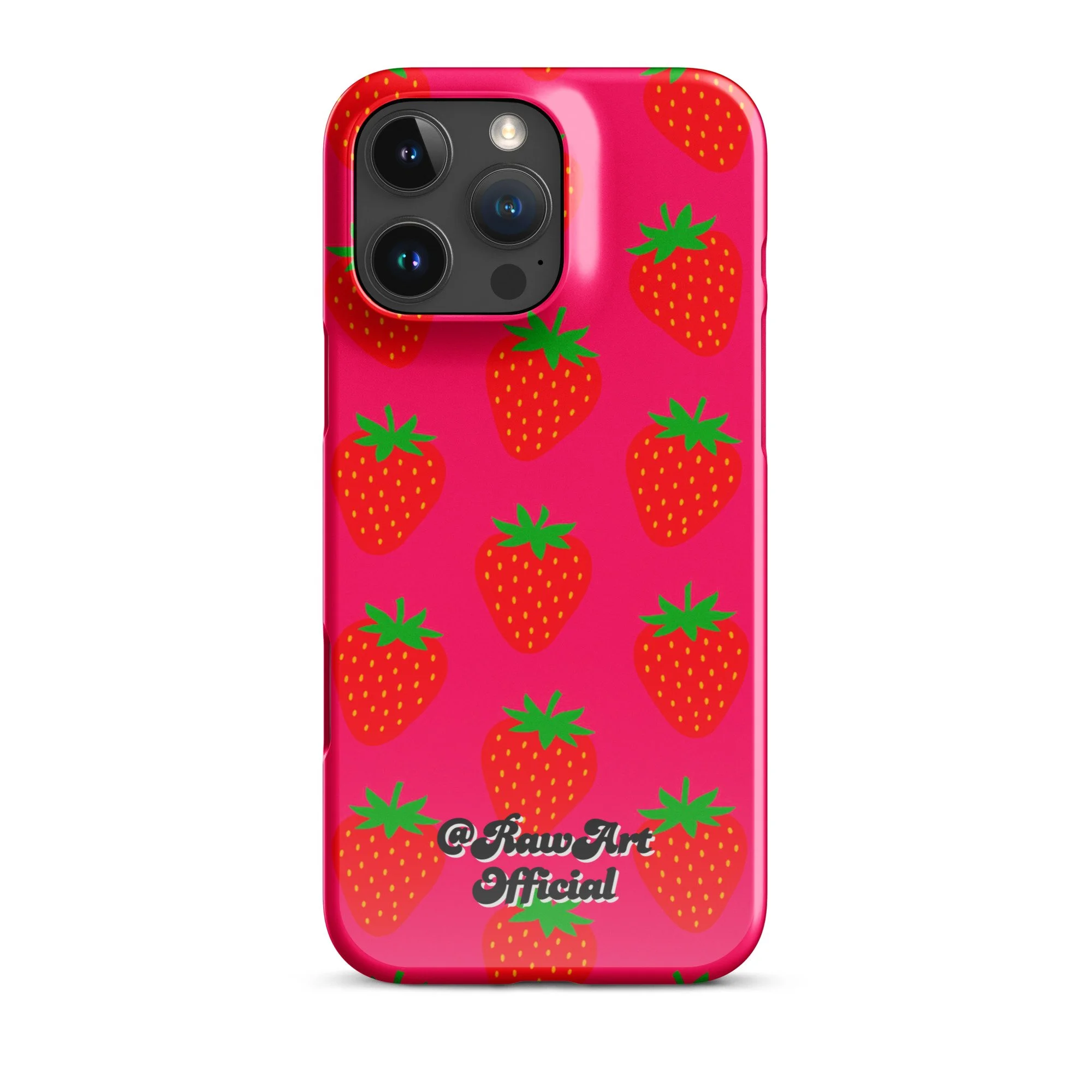 Hot pink iPhone case with red strawberry pattern, retro fruity design.