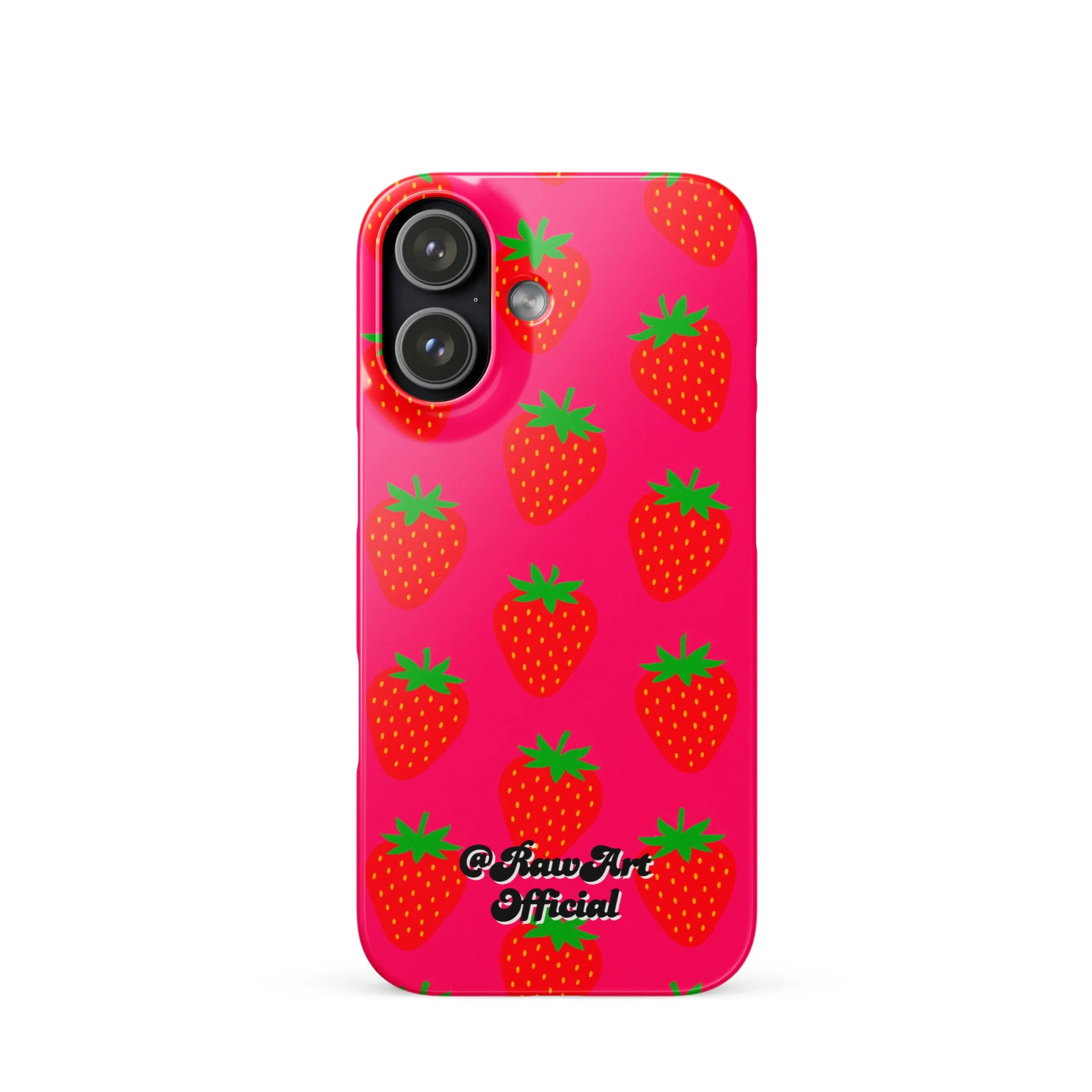Hot pink iPhone case with red strawberry pattern, retro fruity design.