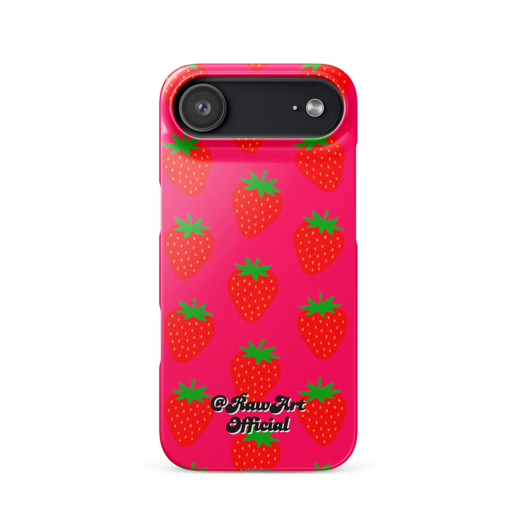 Hot pink iPhone case with red strawberry pattern, retro fruity design.