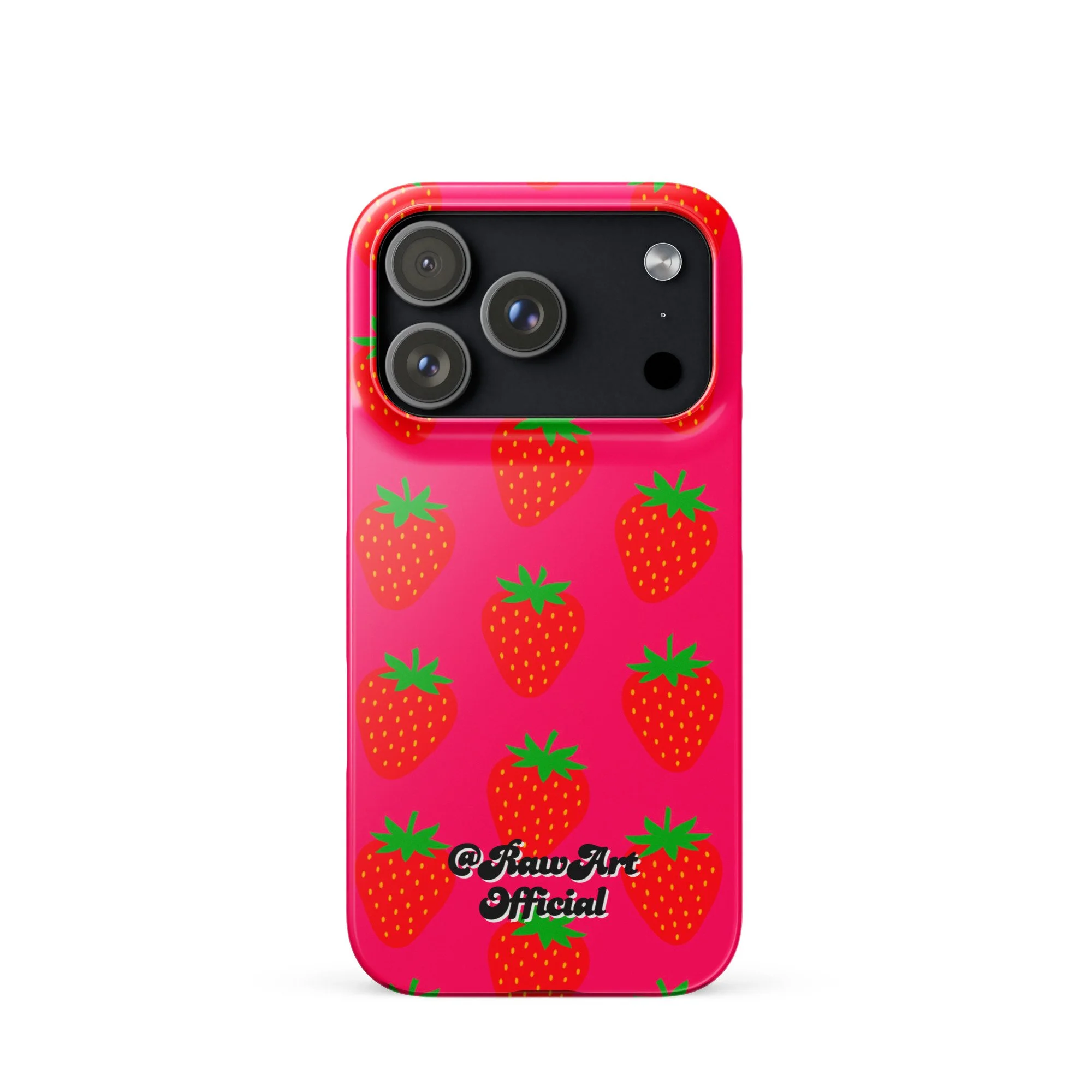Hot pink iPhone case with red strawberry pattern, retro fruity design.