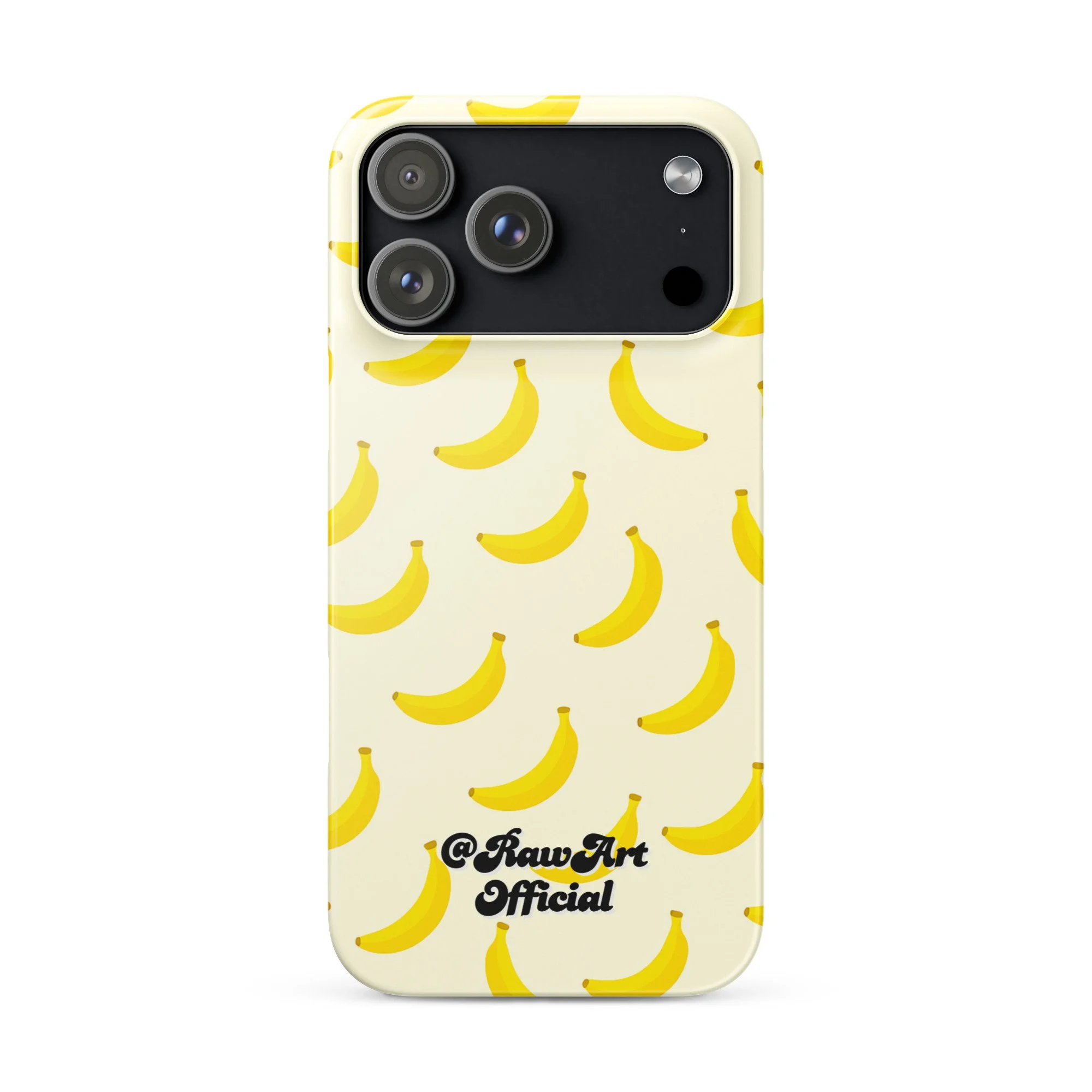 Cream iPhone case with yellow banana pattern, retro fruity design.