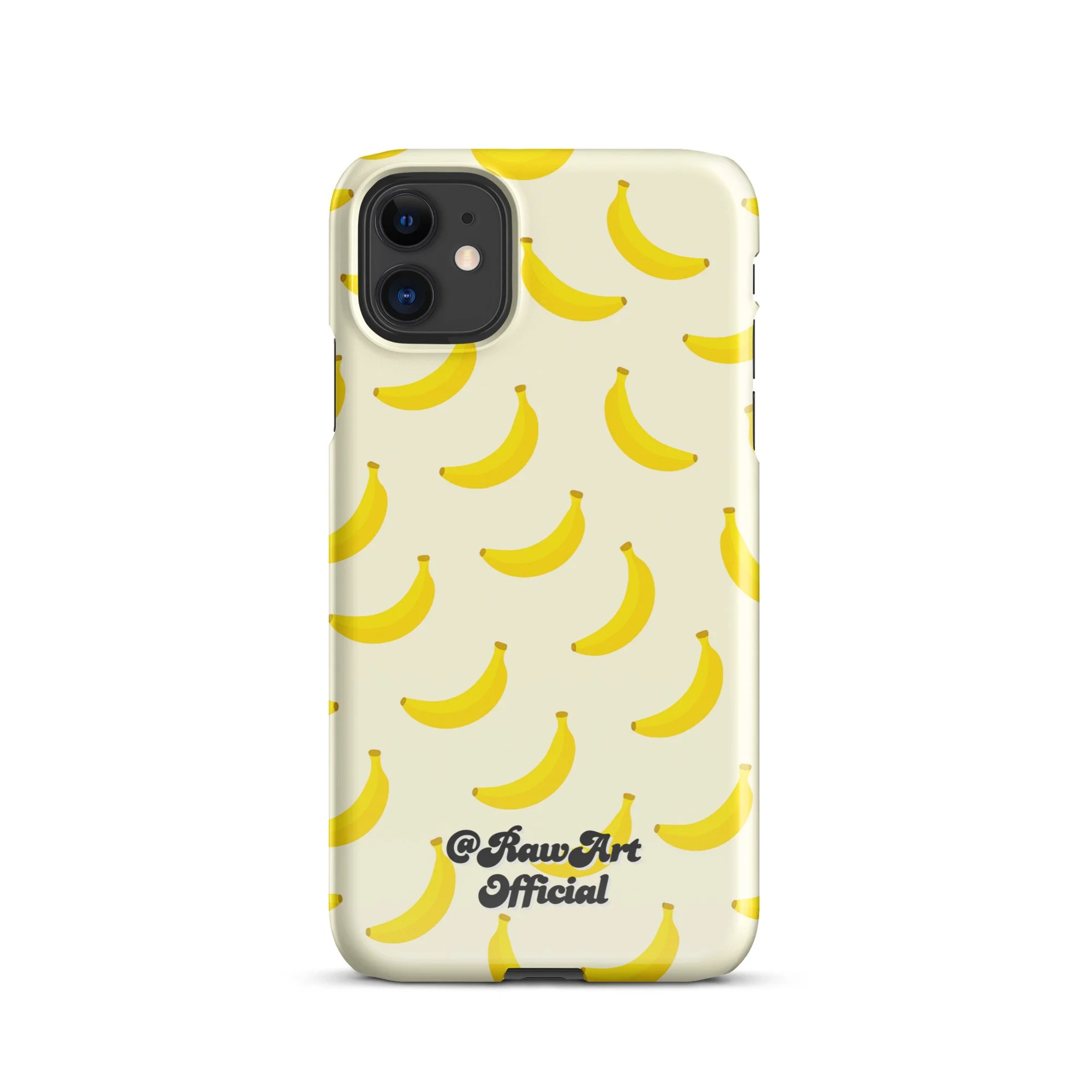 Cream iPhone case with yellow banana pattern, retro fruity design.