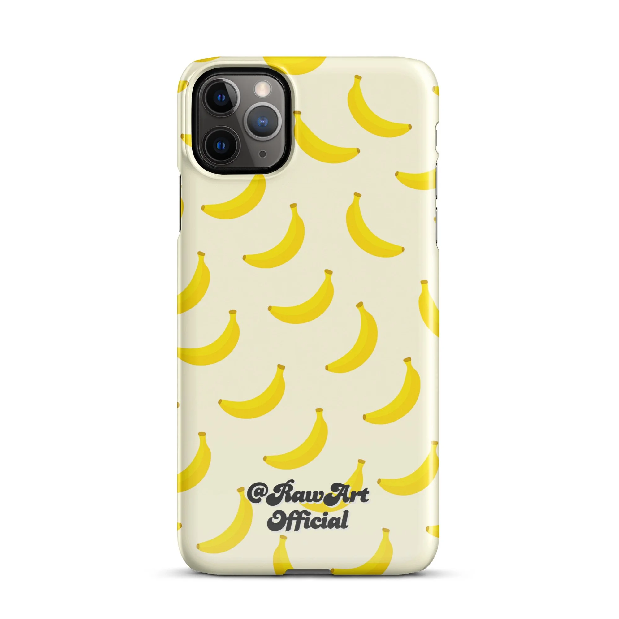 Cream iPhone case with yellow banana pattern, retro fruity design.