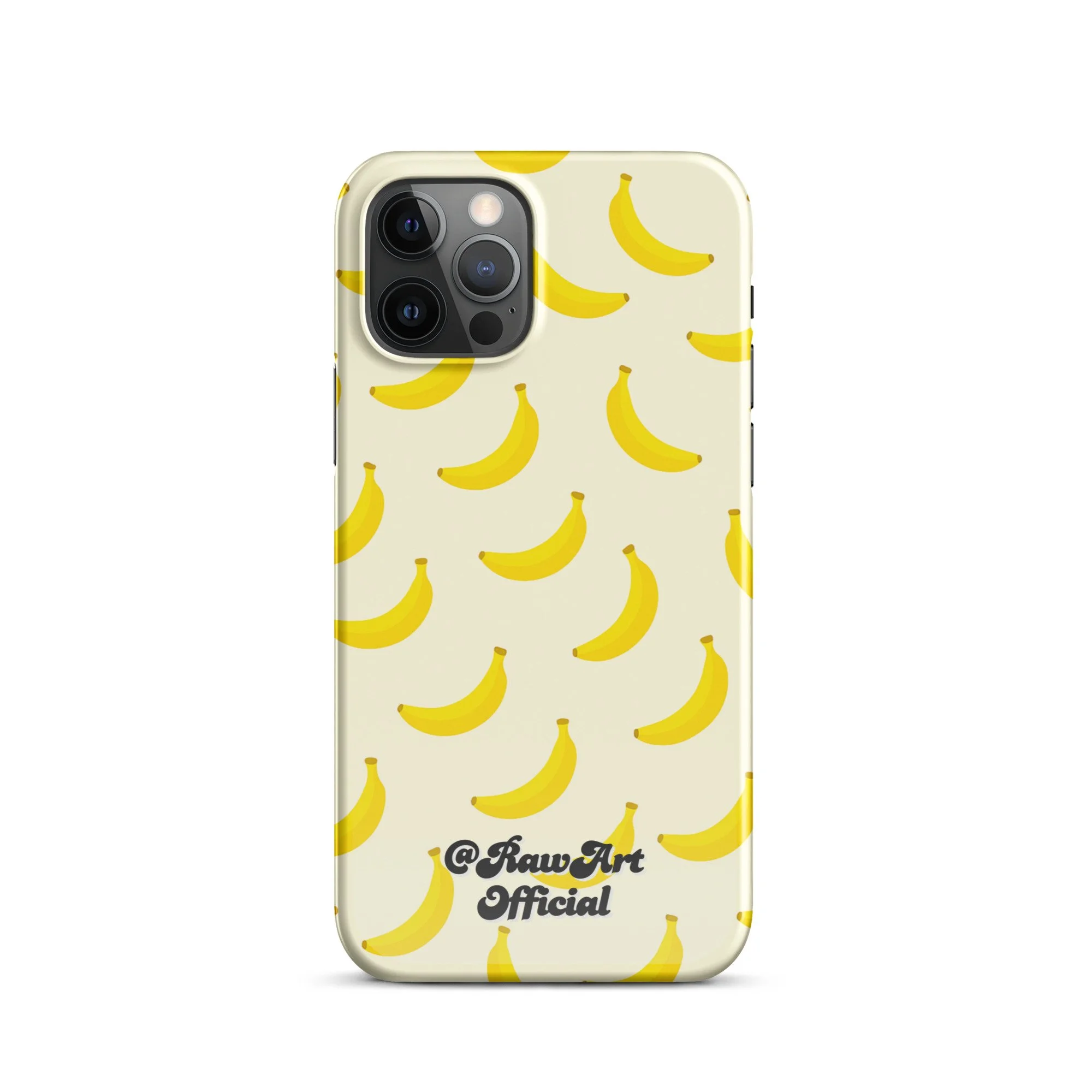 Cream iPhone case with yellow banana pattern, retro fruity design.