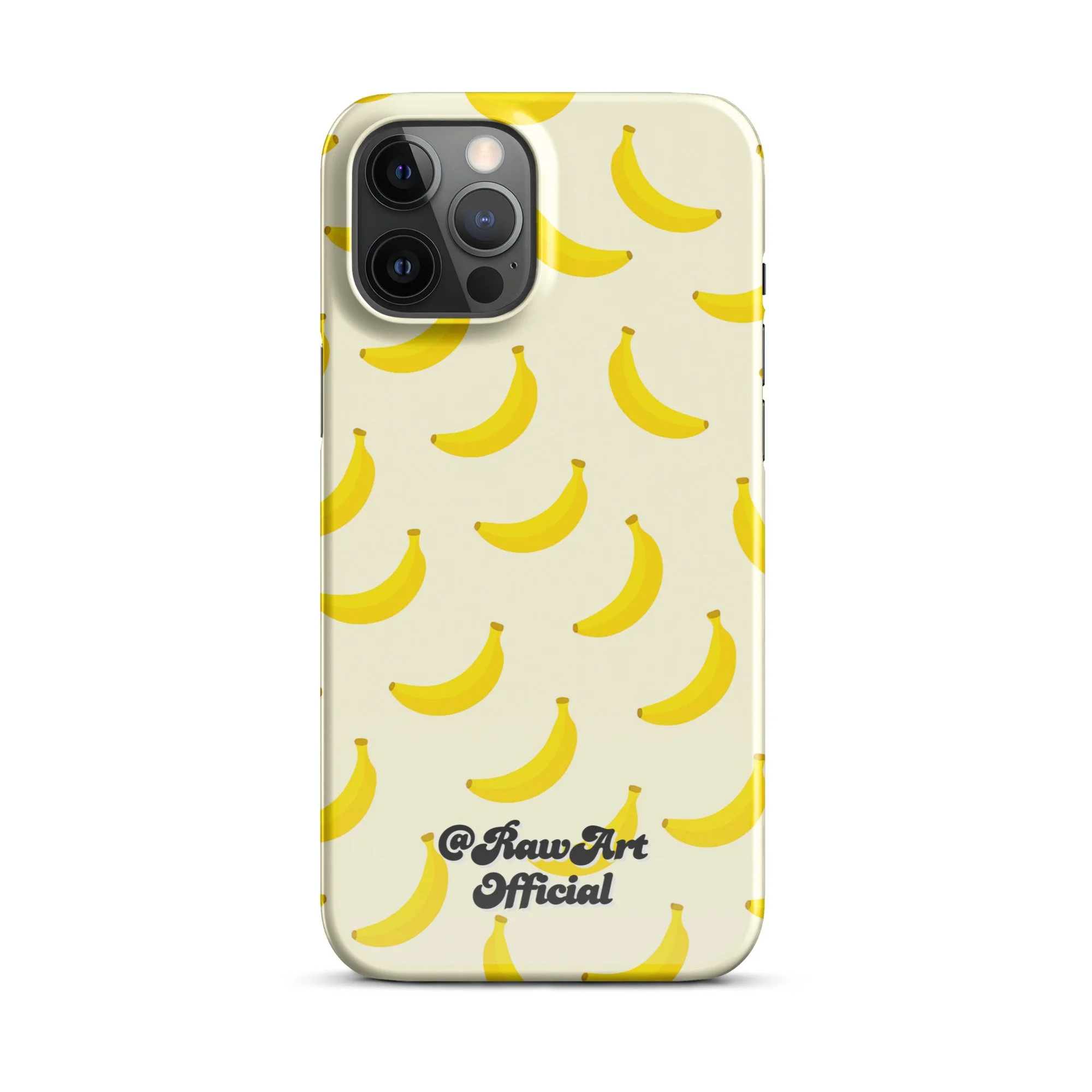 Cream iPhone case with yellow banana pattern, retro fruity design.