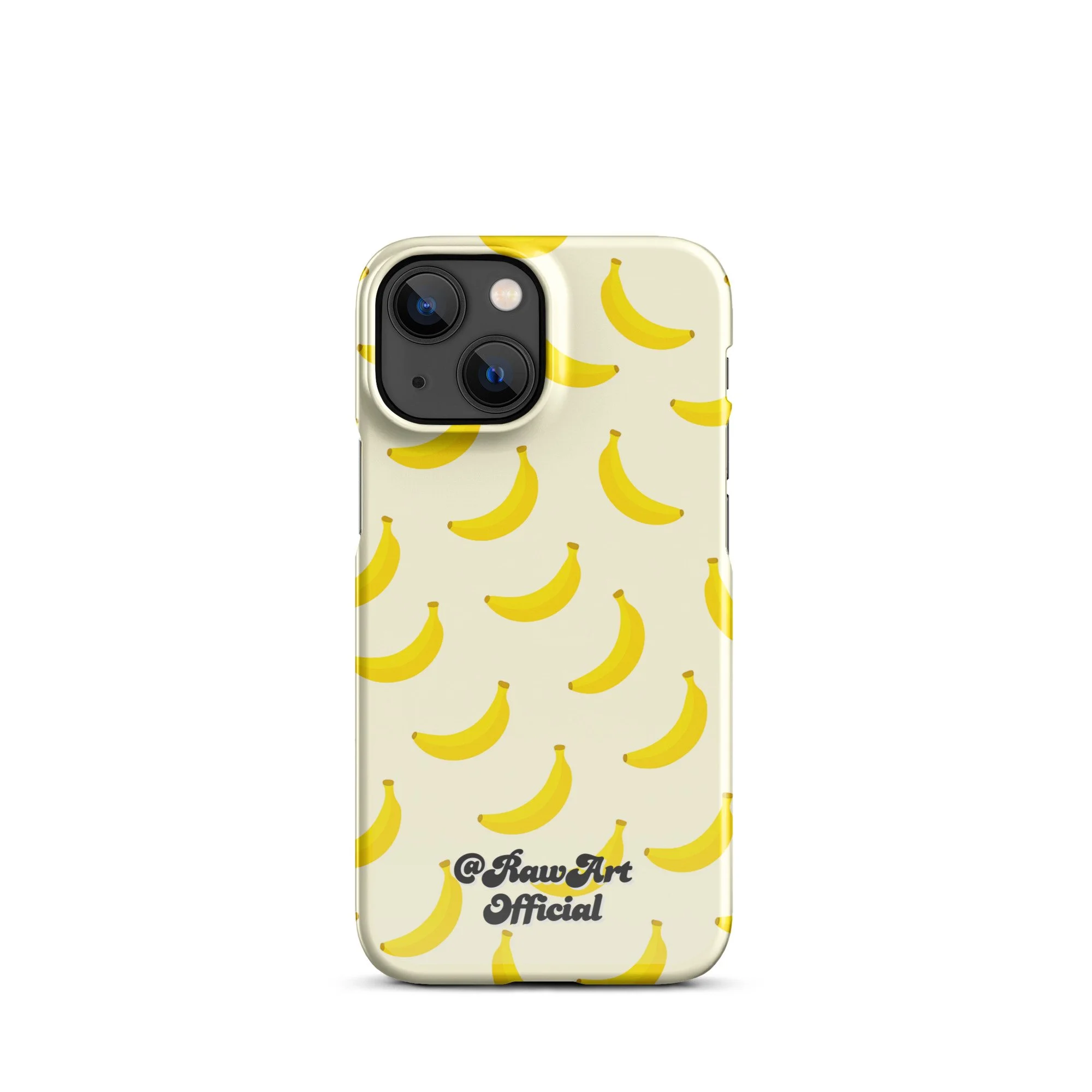 Cream iPhone case with yellow banana pattern, retro fruity design.