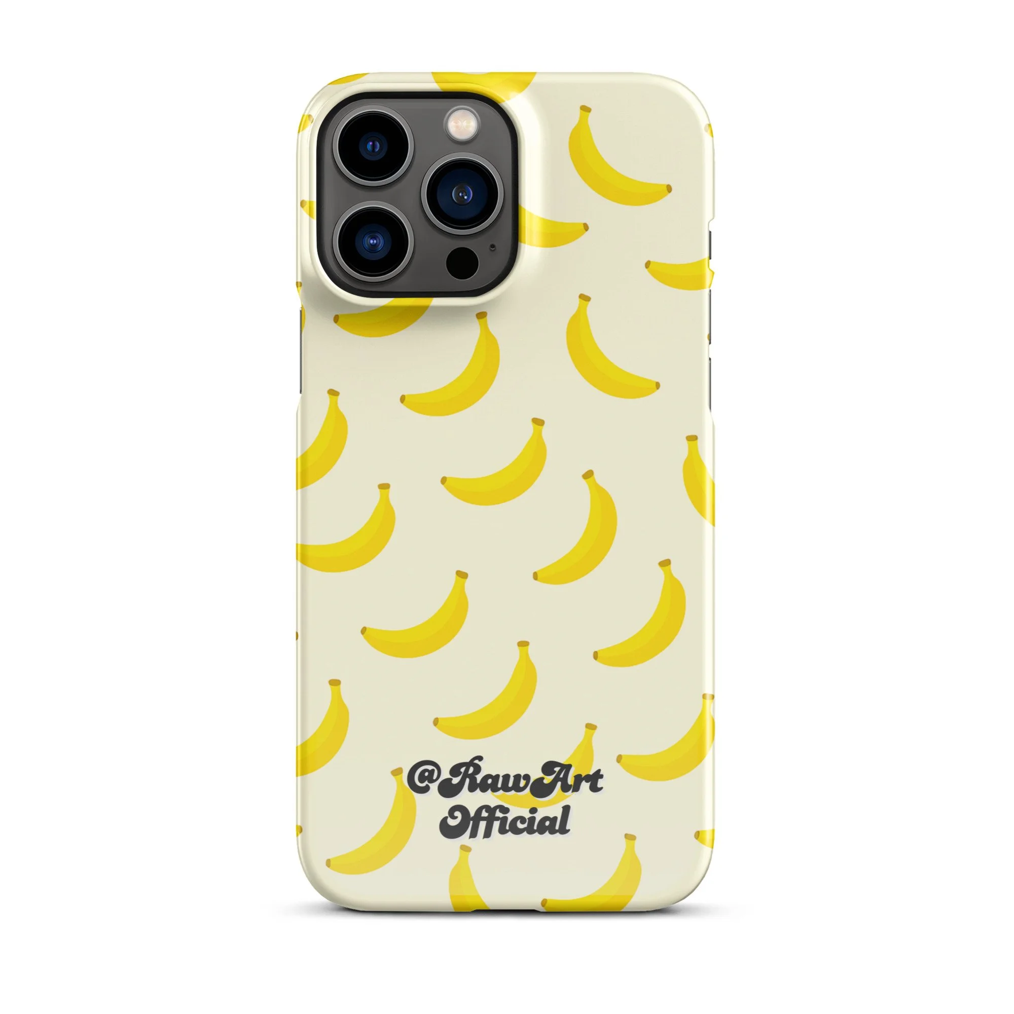 Cream iPhone case with yellow banana pattern, retro fruity design.