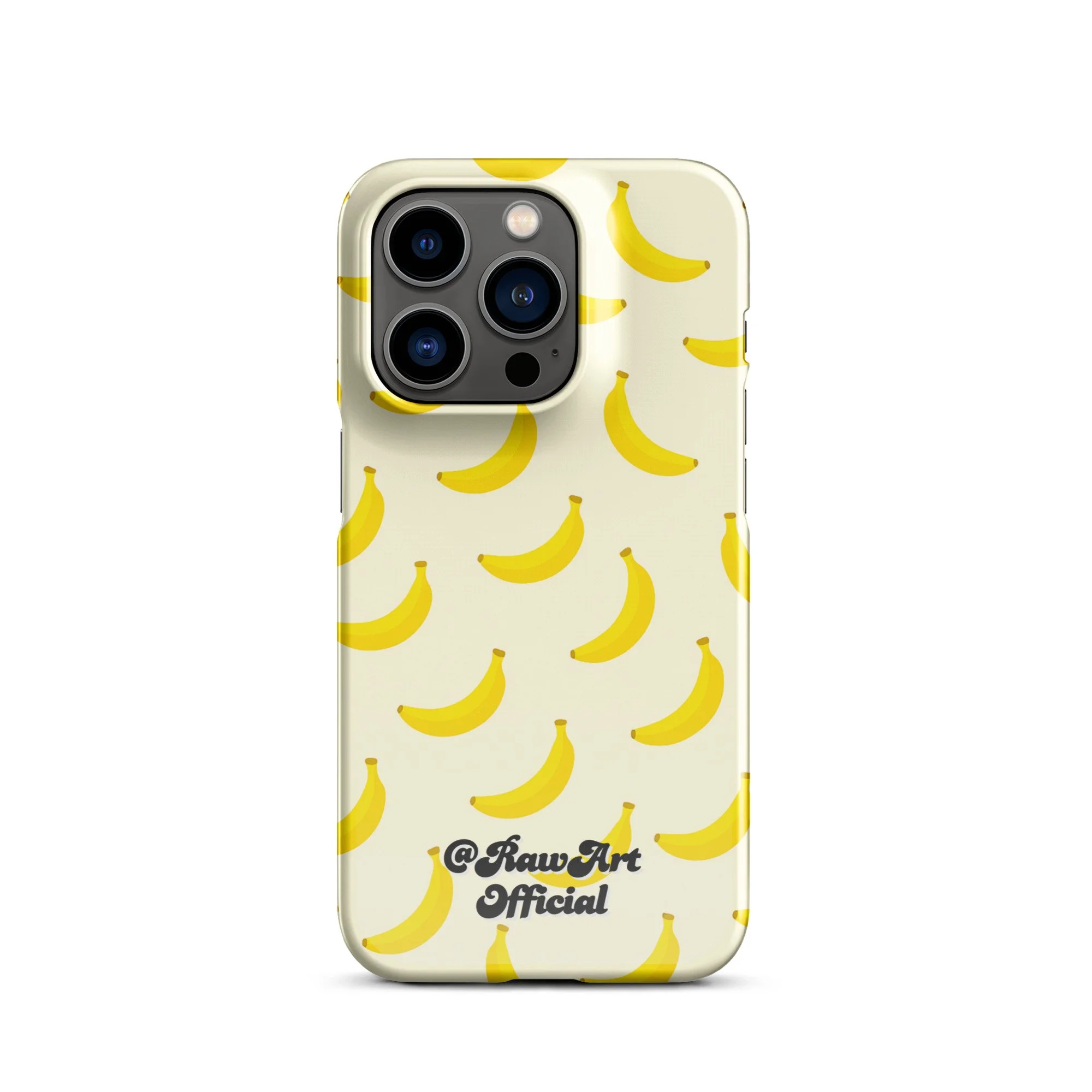 Cream iPhone case with yellow banana pattern, retro fruity design.