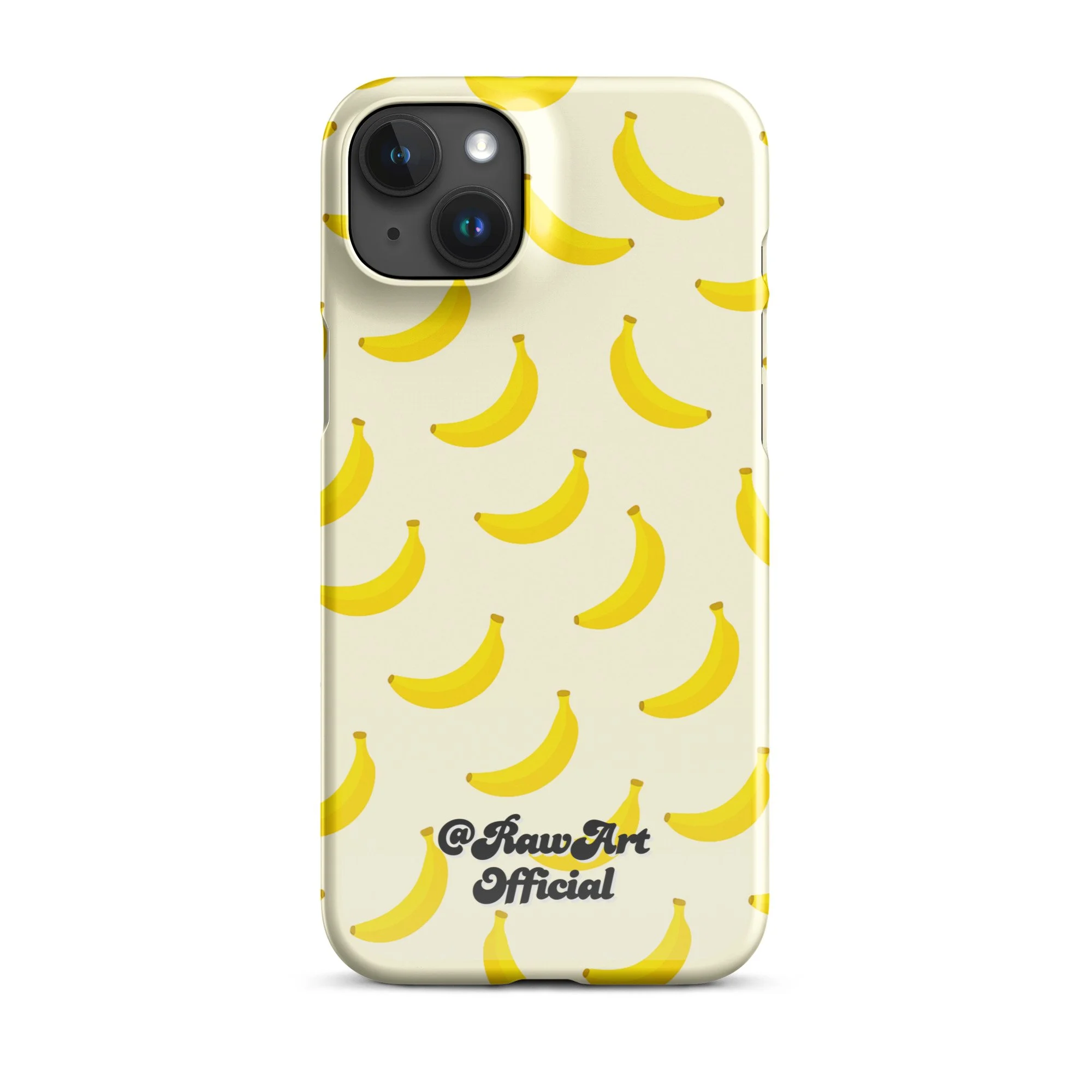 Cream iPhone case with yellow banana pattern, retro fruity design.