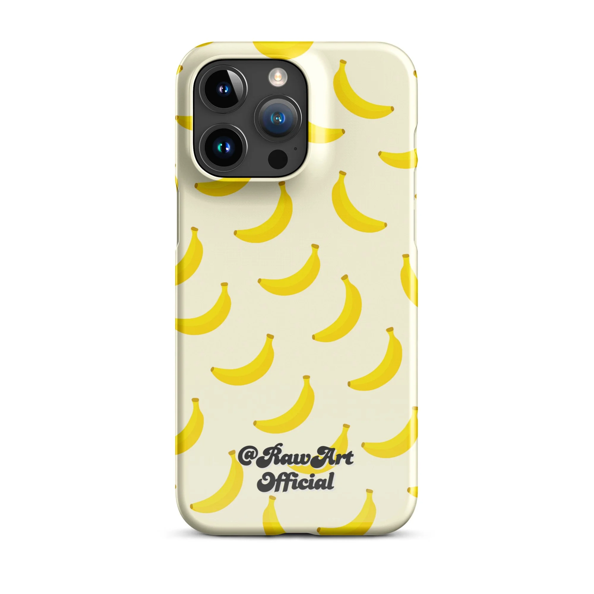 Cream iPhone case with yellow banana pattern, retro fruity design.