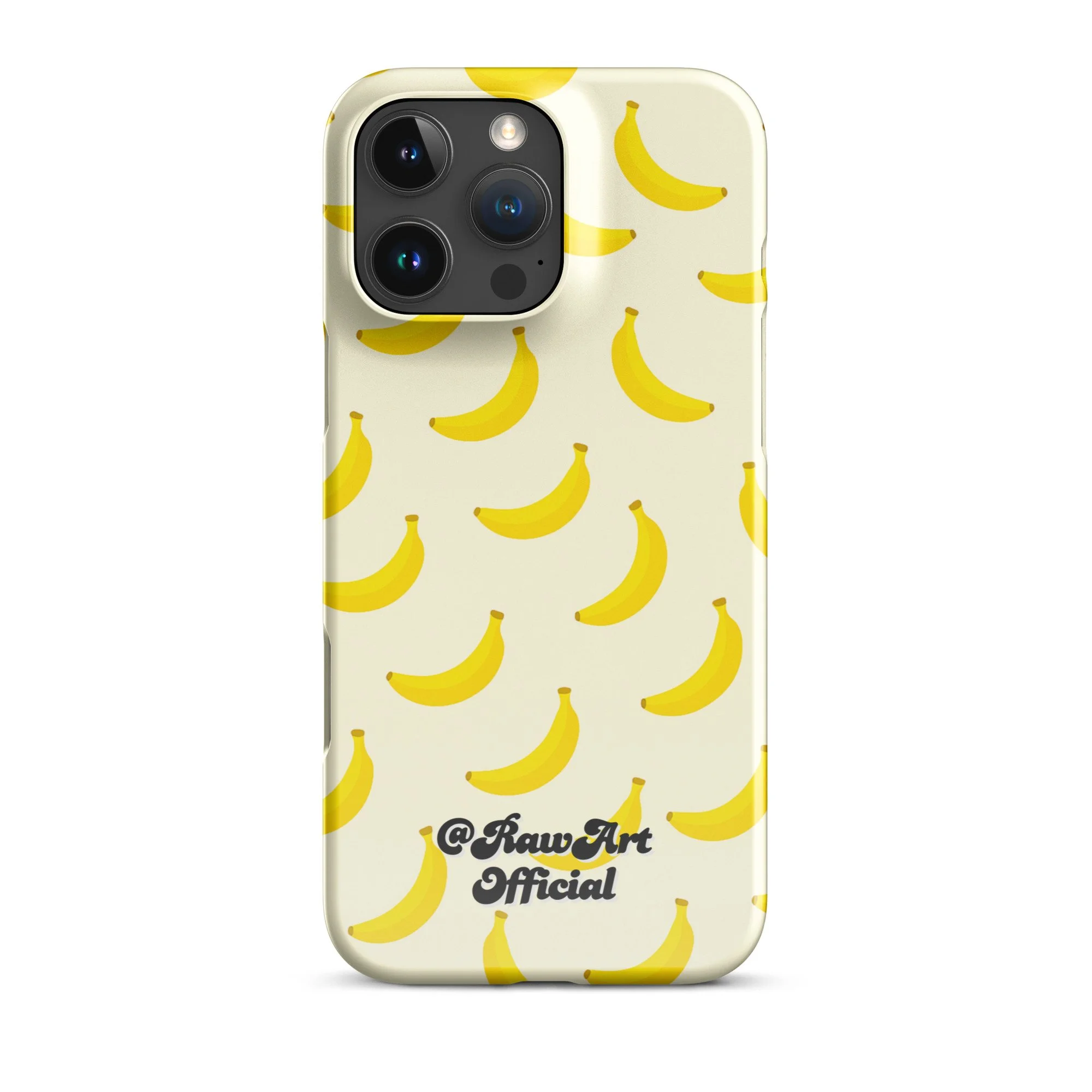 Cream iPhone case with yellow banana pattern, retro fruity design.