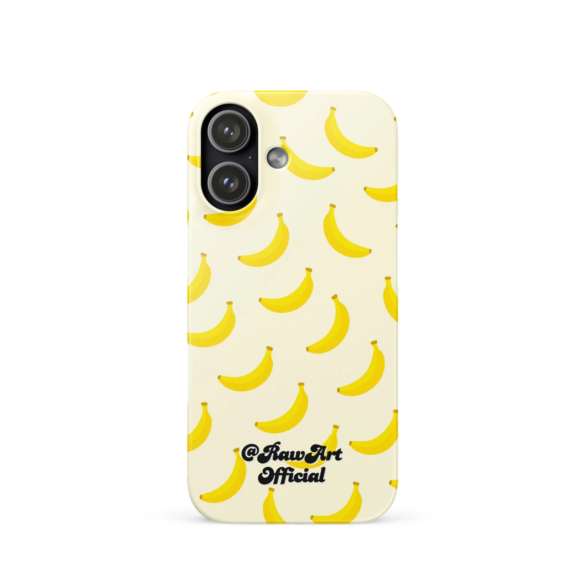 Cream iPhone case with yellow banana pattern, retro fruity design.