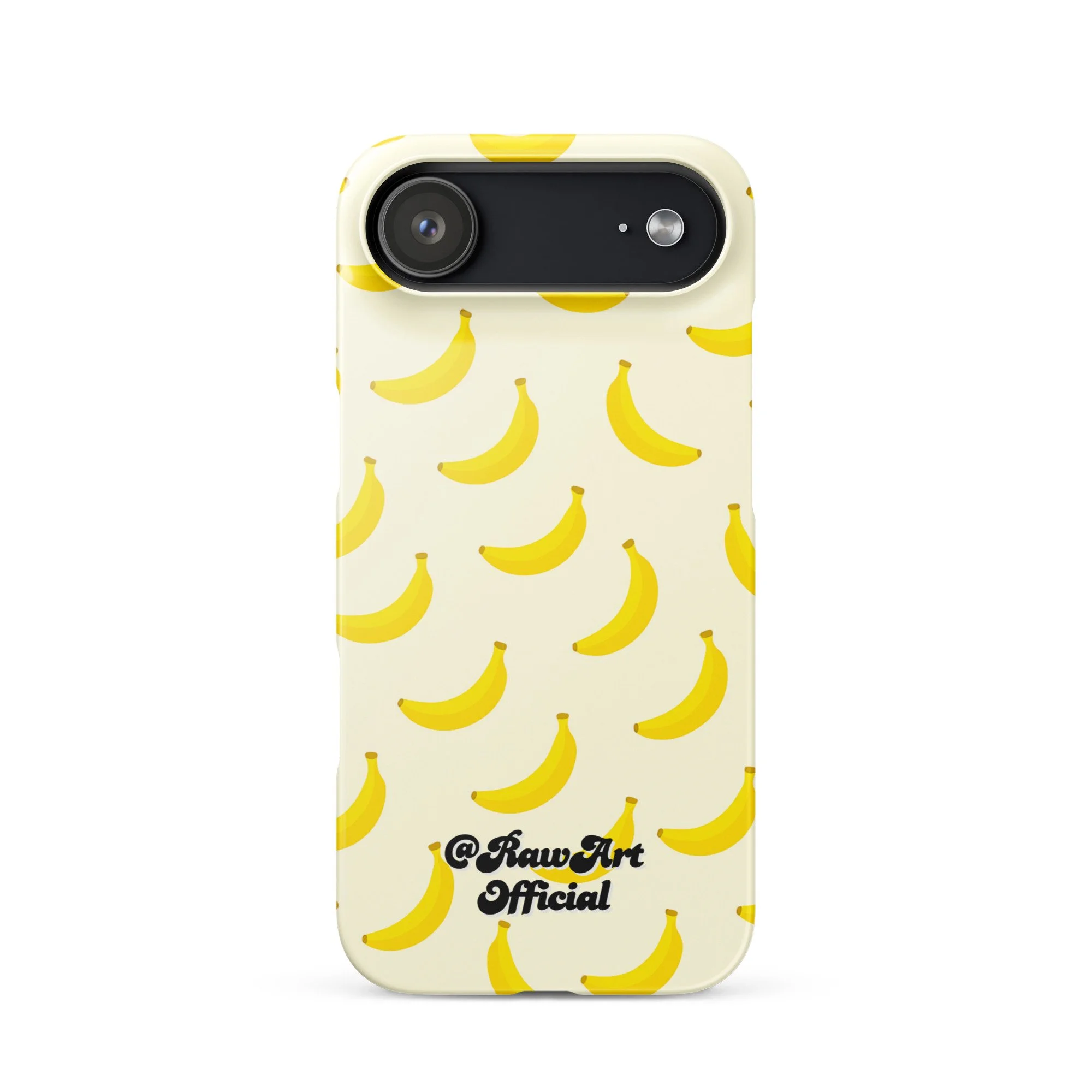 Cream iPhone case with yellow banana pattern, retro fruity design.