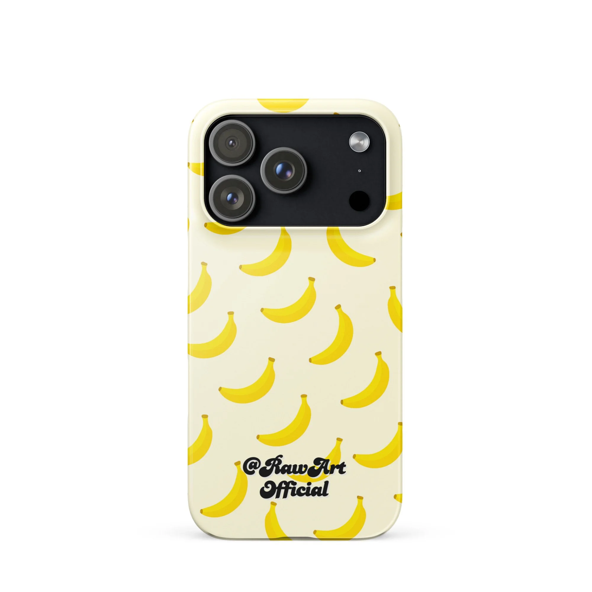 Cream iPhone case with yellow banana pattern, retro fruity design.