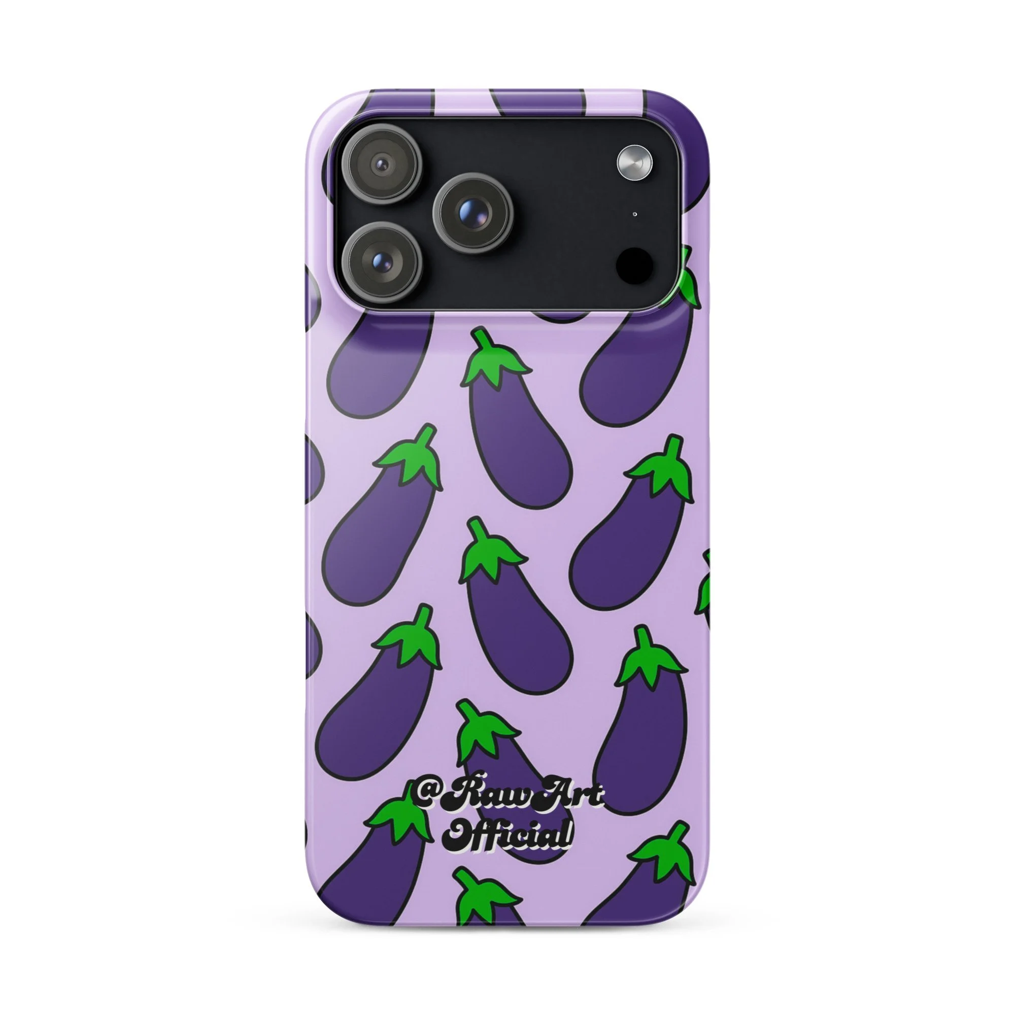 Lavender iPhone case with purple eggplant pattern, retro emoji design.