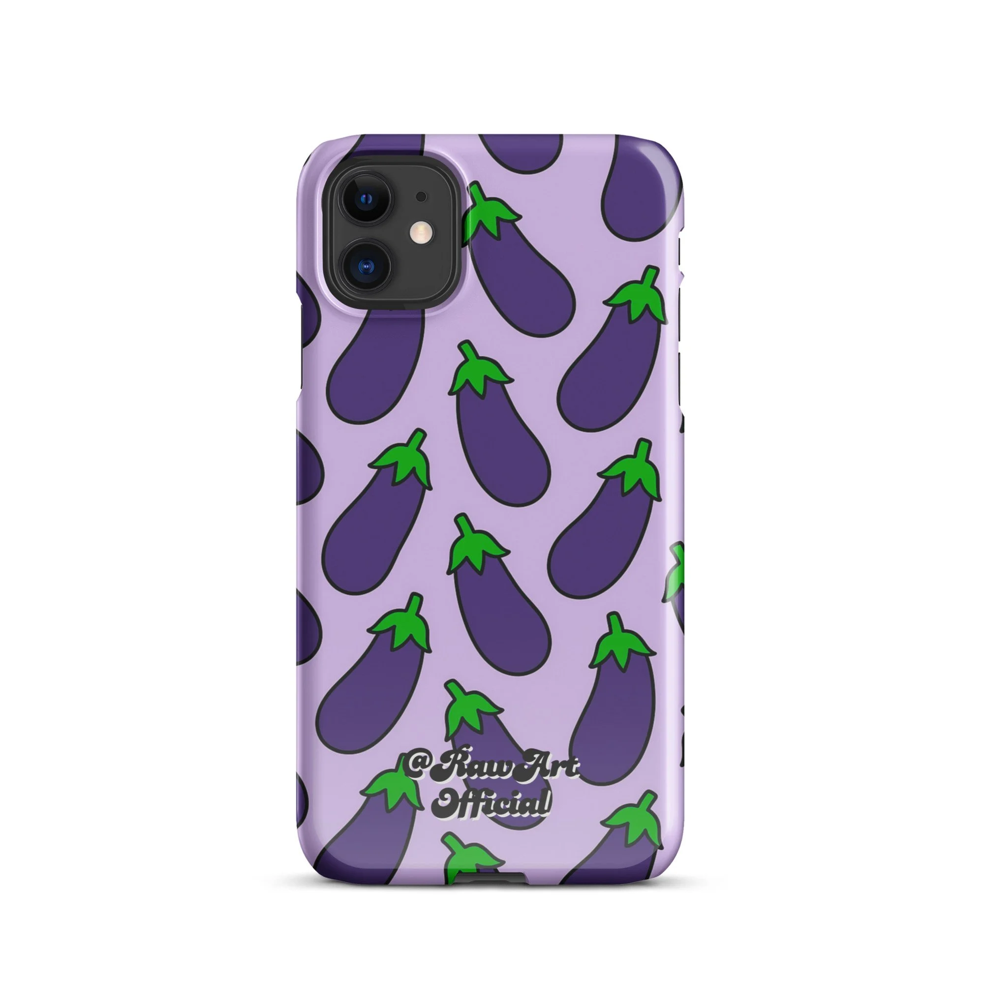 Lavender iPhone case with purple eggplant pattern, retro emoji design.
