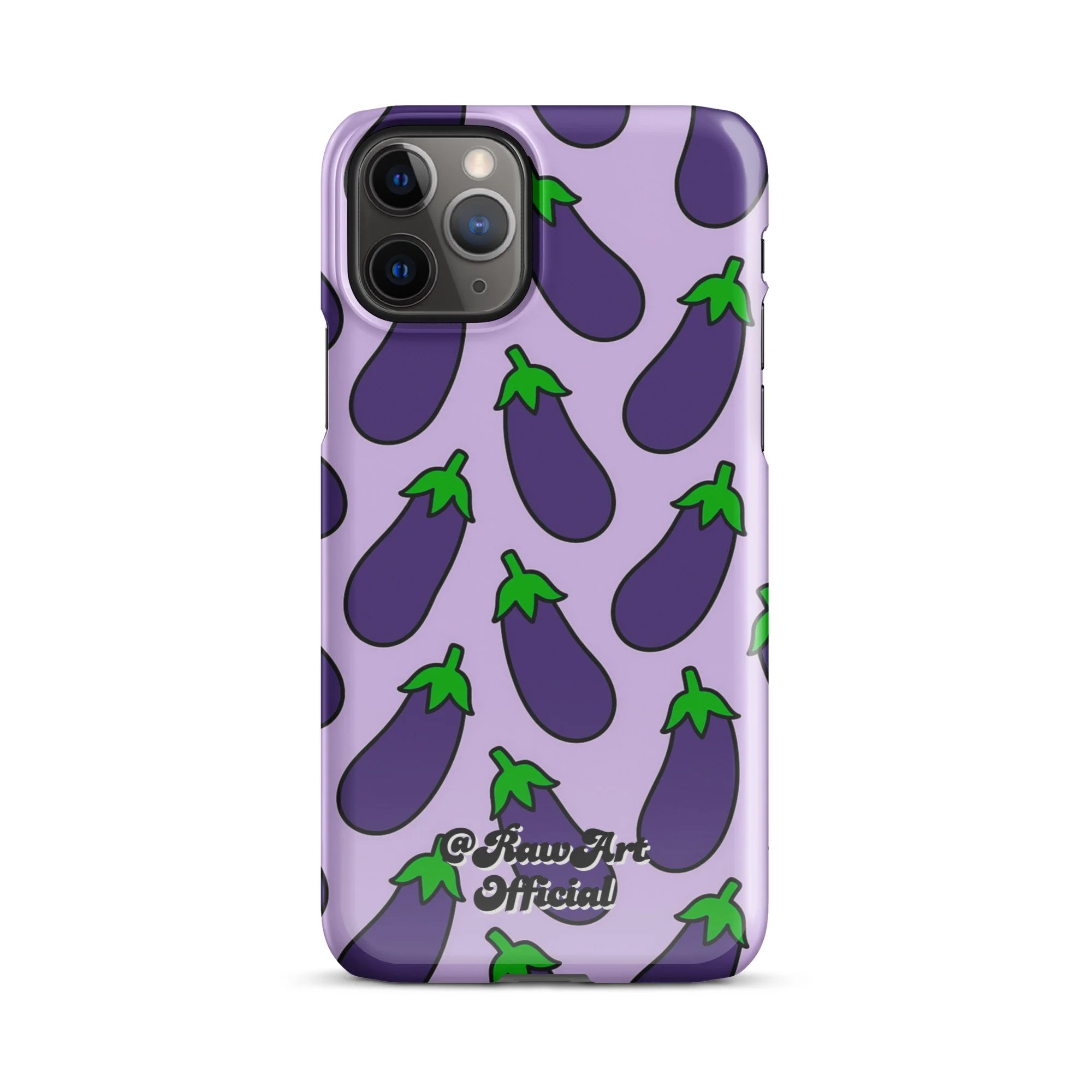 Lavender iPhone case with purple eggplant pattern, retro emoji design.