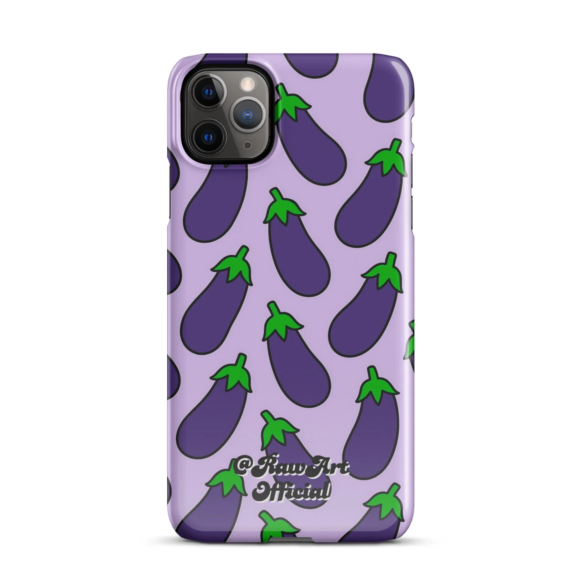 Lavender iPhone case with purple eggplant pattern, retro emoji design.
