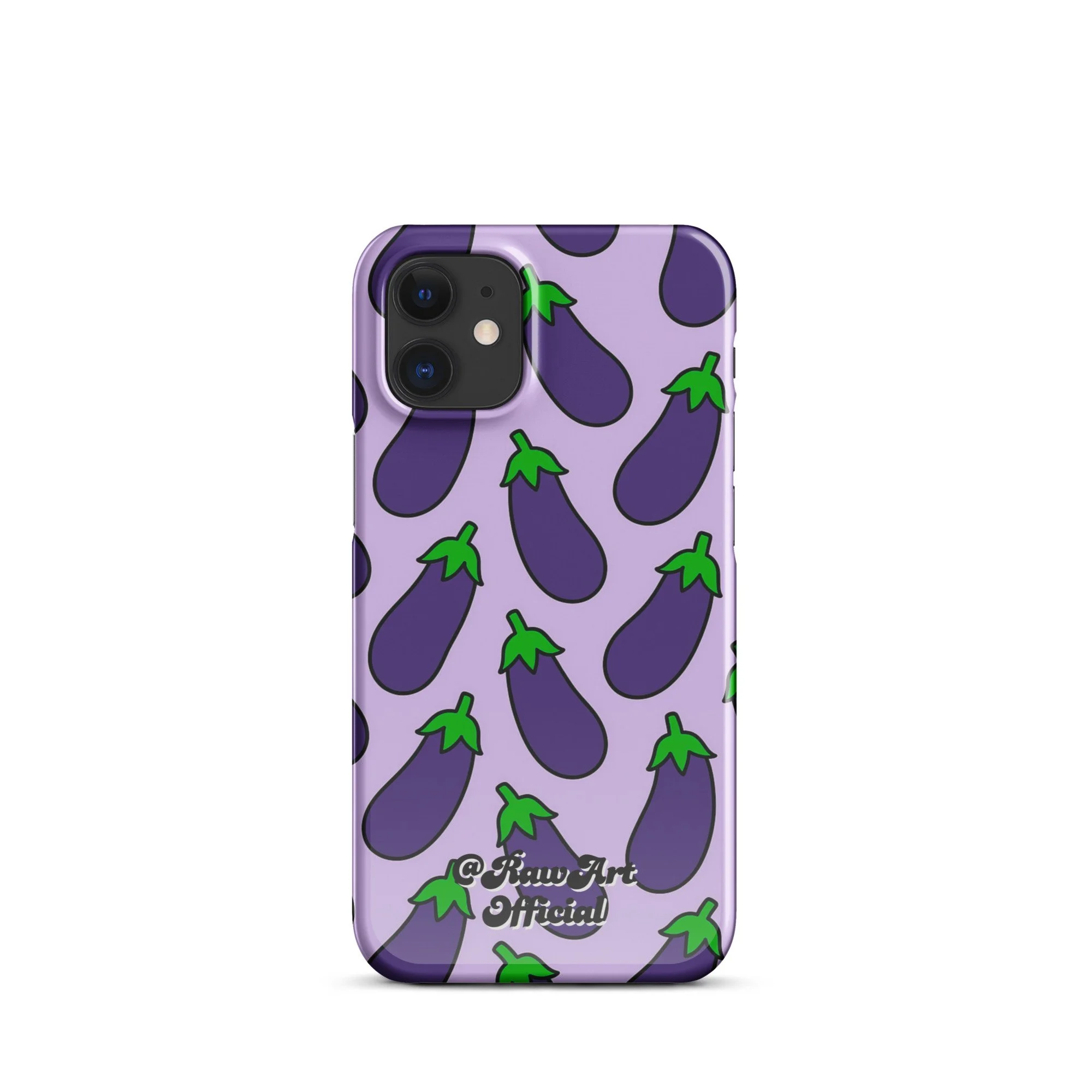 Lavender iPhone case with purple eggplant pattern, retro emoji design.