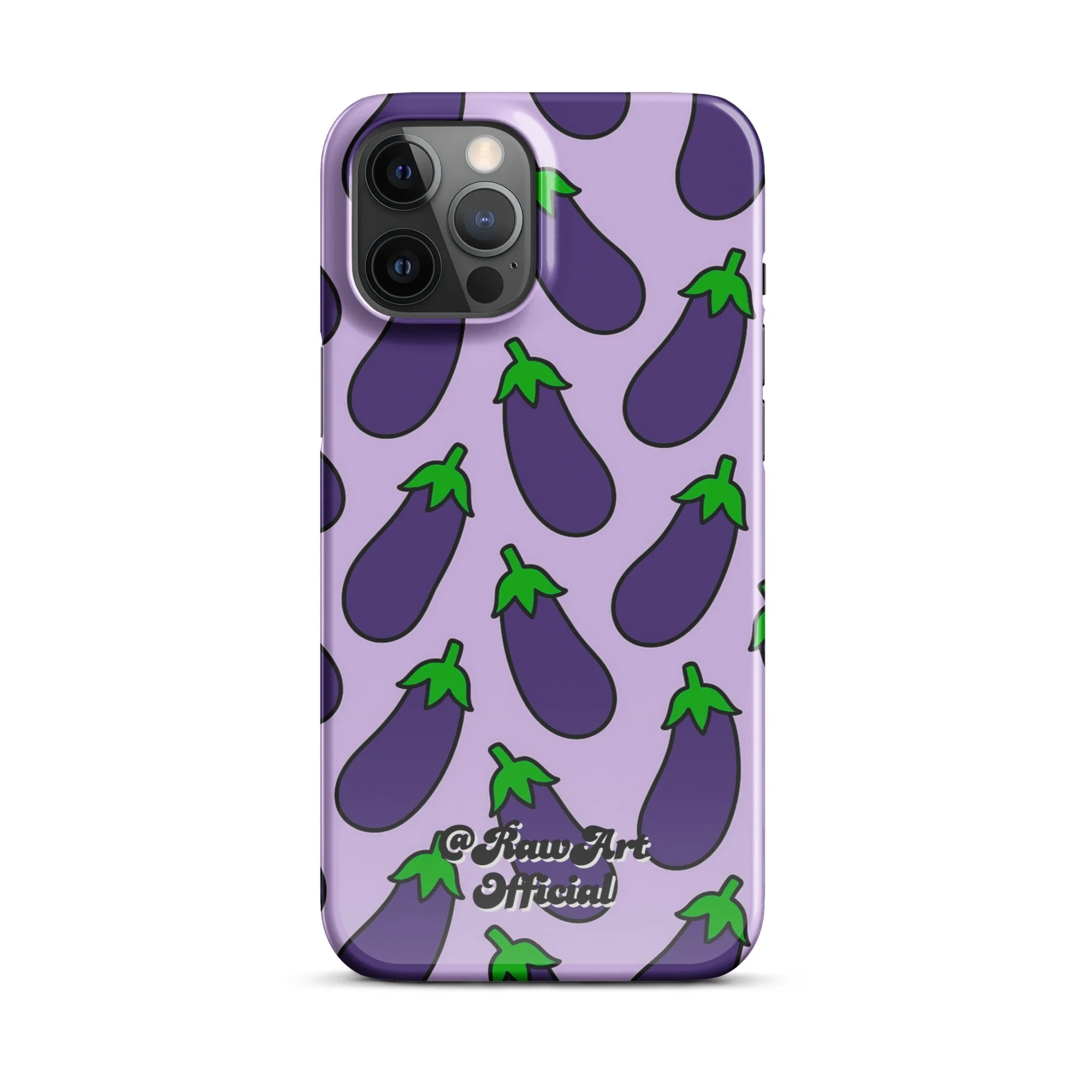 Lavender iPhone case with purple eggplant pattern, retro emoji design.