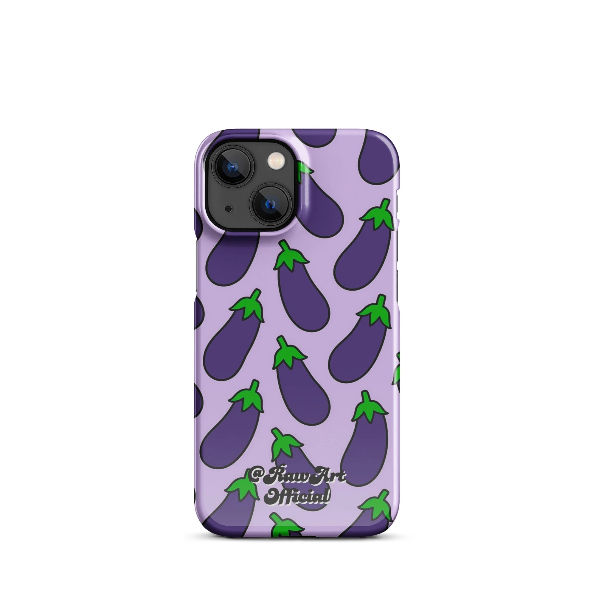 Lavender iPhone case with purple eggplant pattern, retro emoji design.