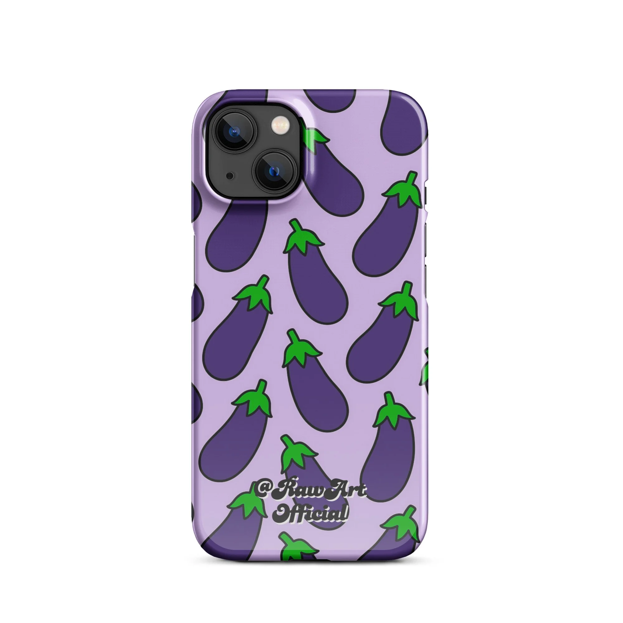 Lavender iPhone case with purple eggplant pattern, retro emoji design.