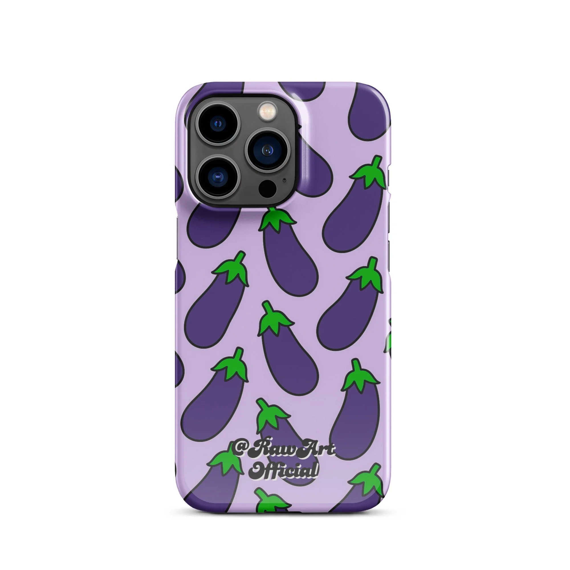 Lavender iPhone case with purple eggplant pattern, retro emoji design.