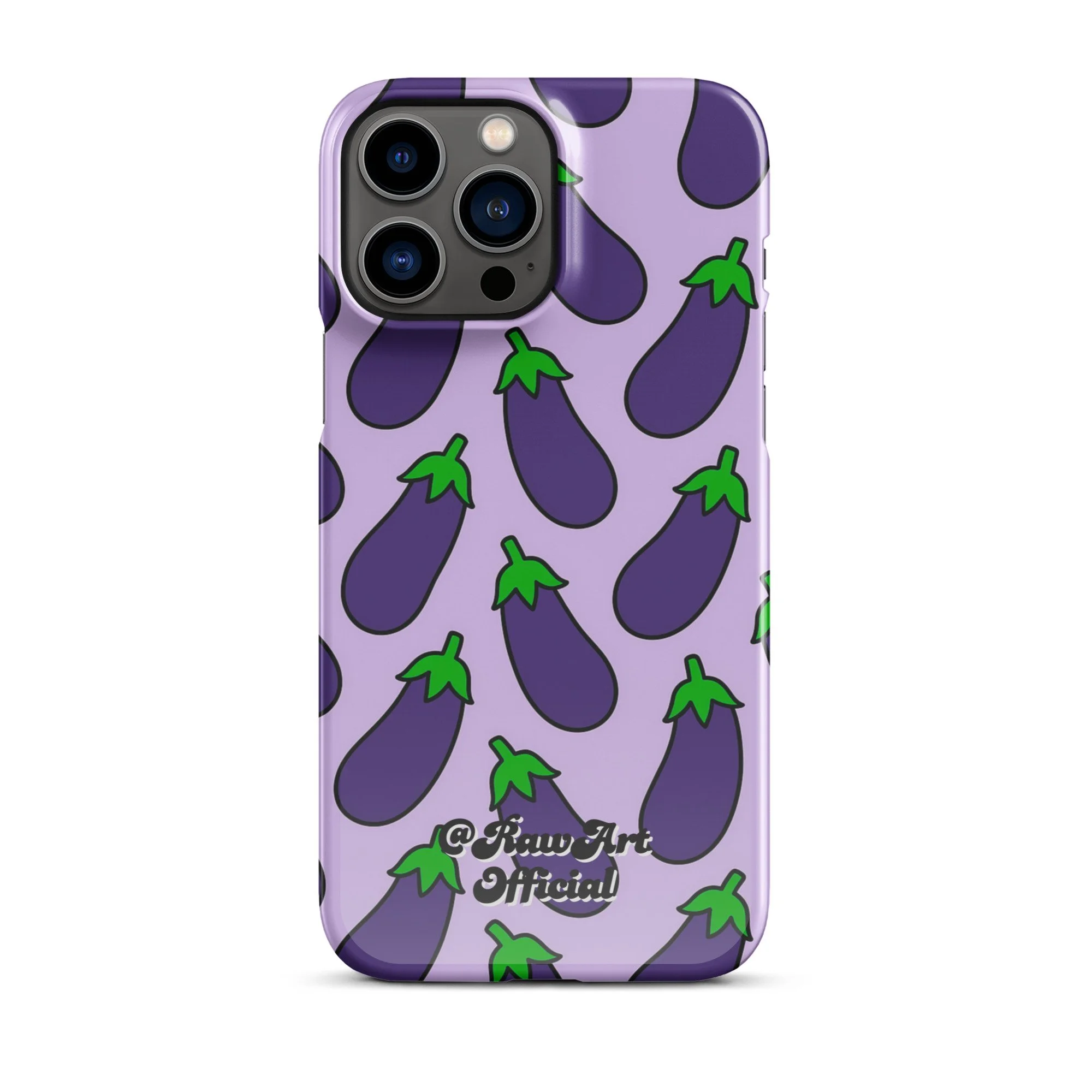 Lavender iPhone case with purple eggplant pattern, retro emoji design.