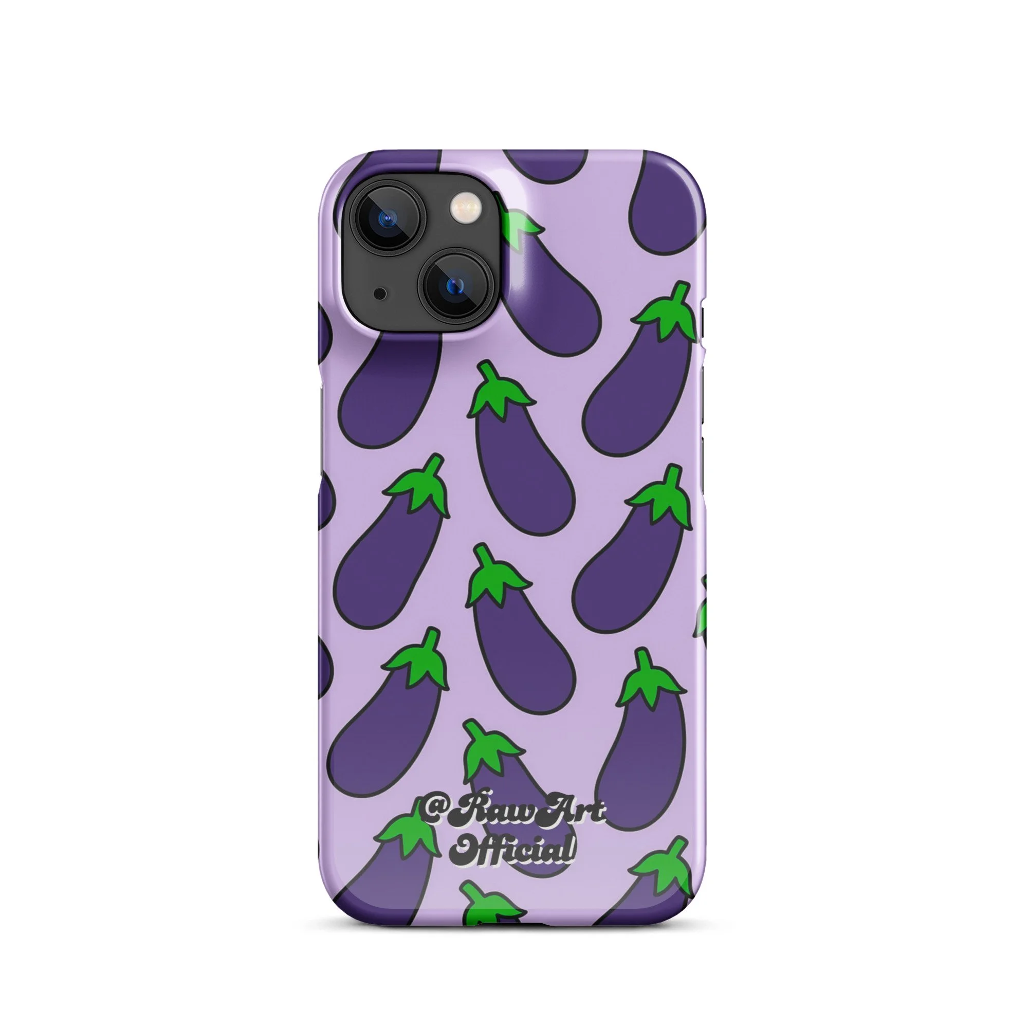 Lavender iPhone case with purple eggplant pattern, retro emoji design.