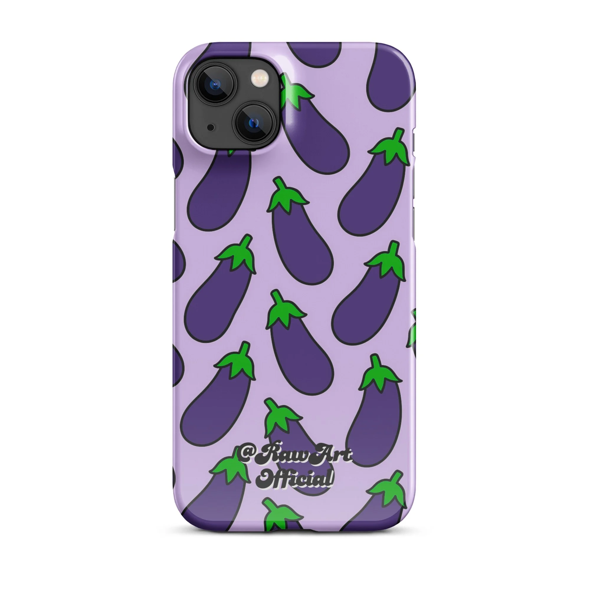 Lavender iPhone case with purple eggplant pattern, retro emoji design.