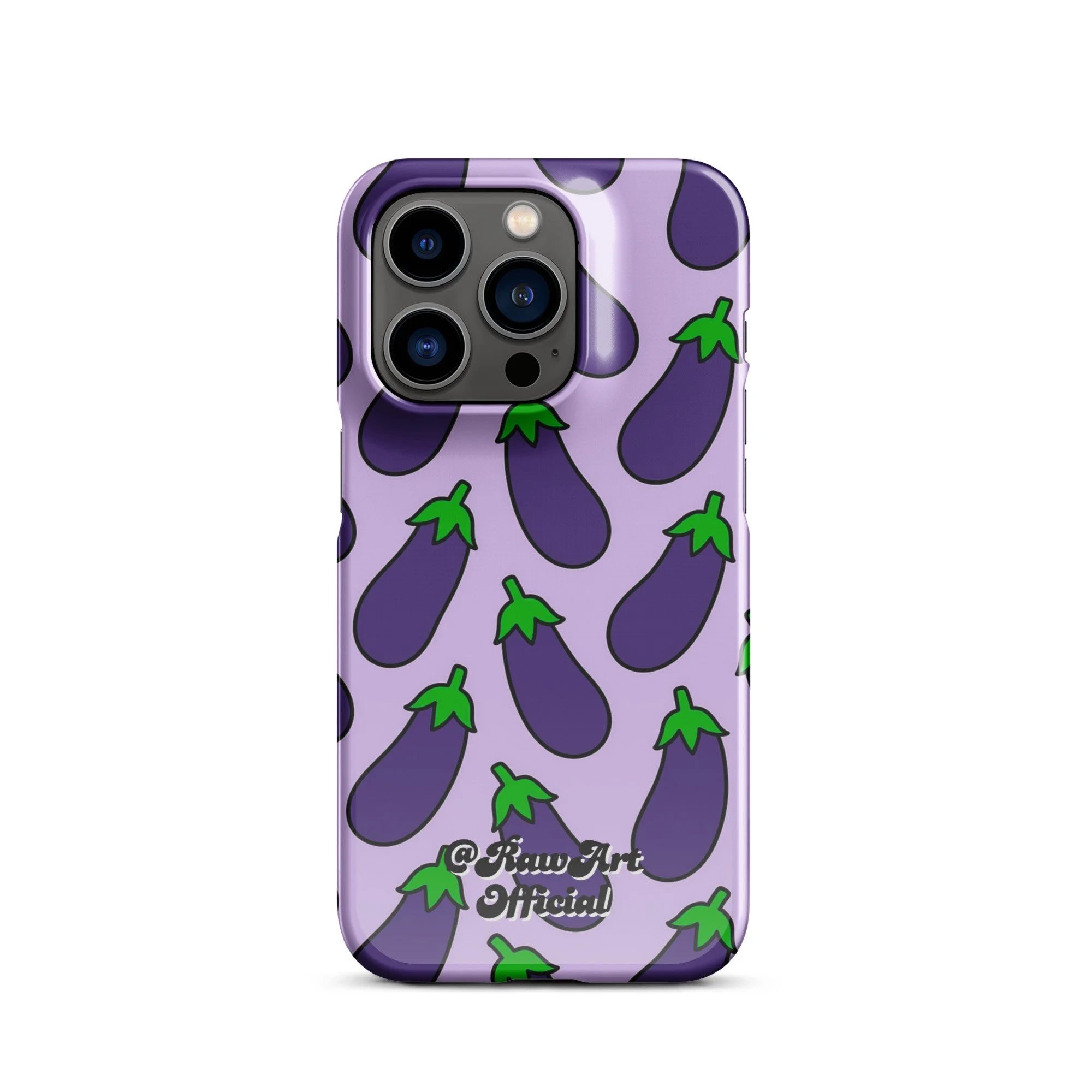 Lavender iPhone case with purple eggplant pattern, retro emoji design.