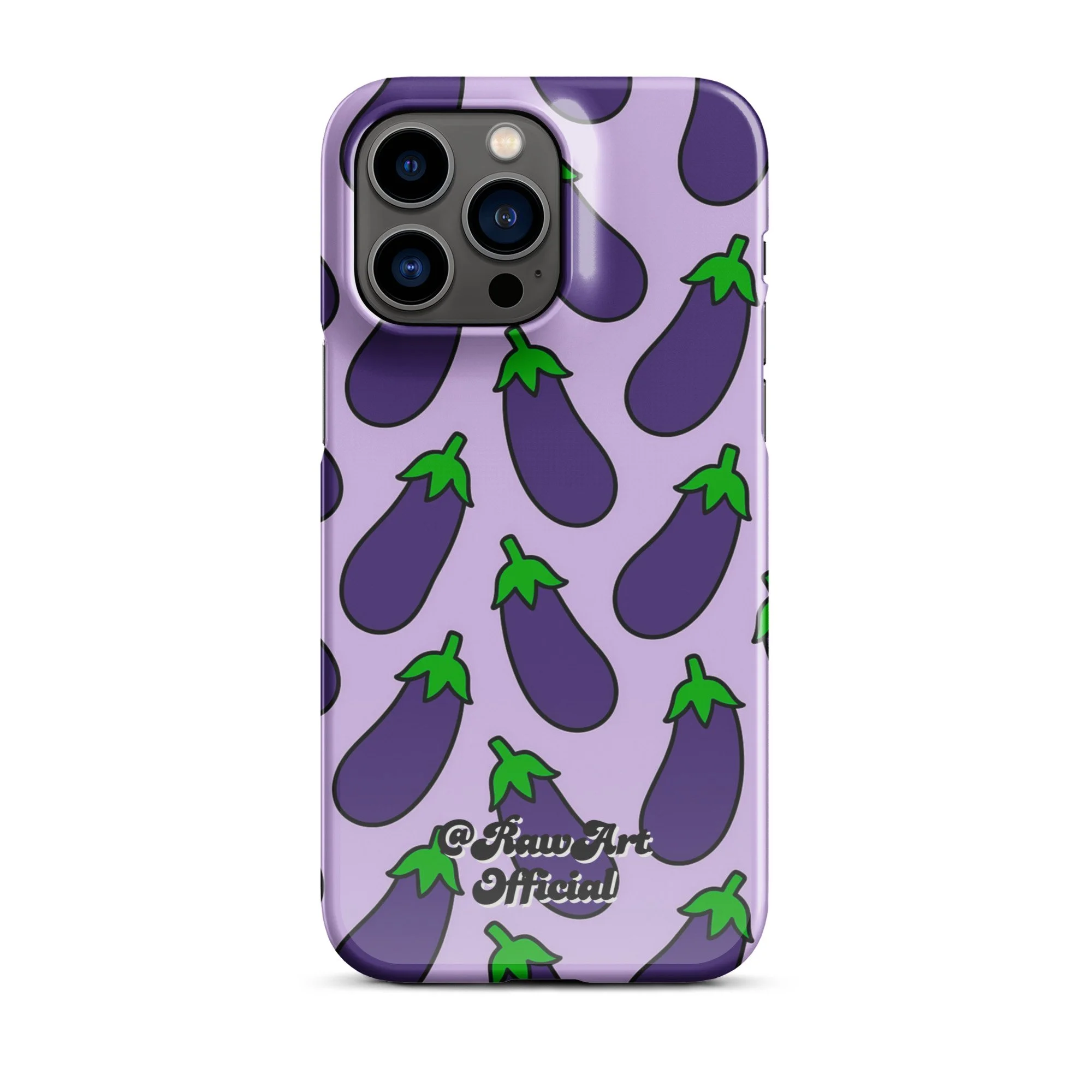 Lavender iPhone case with purple eggplant pattern, retro emoji design.
