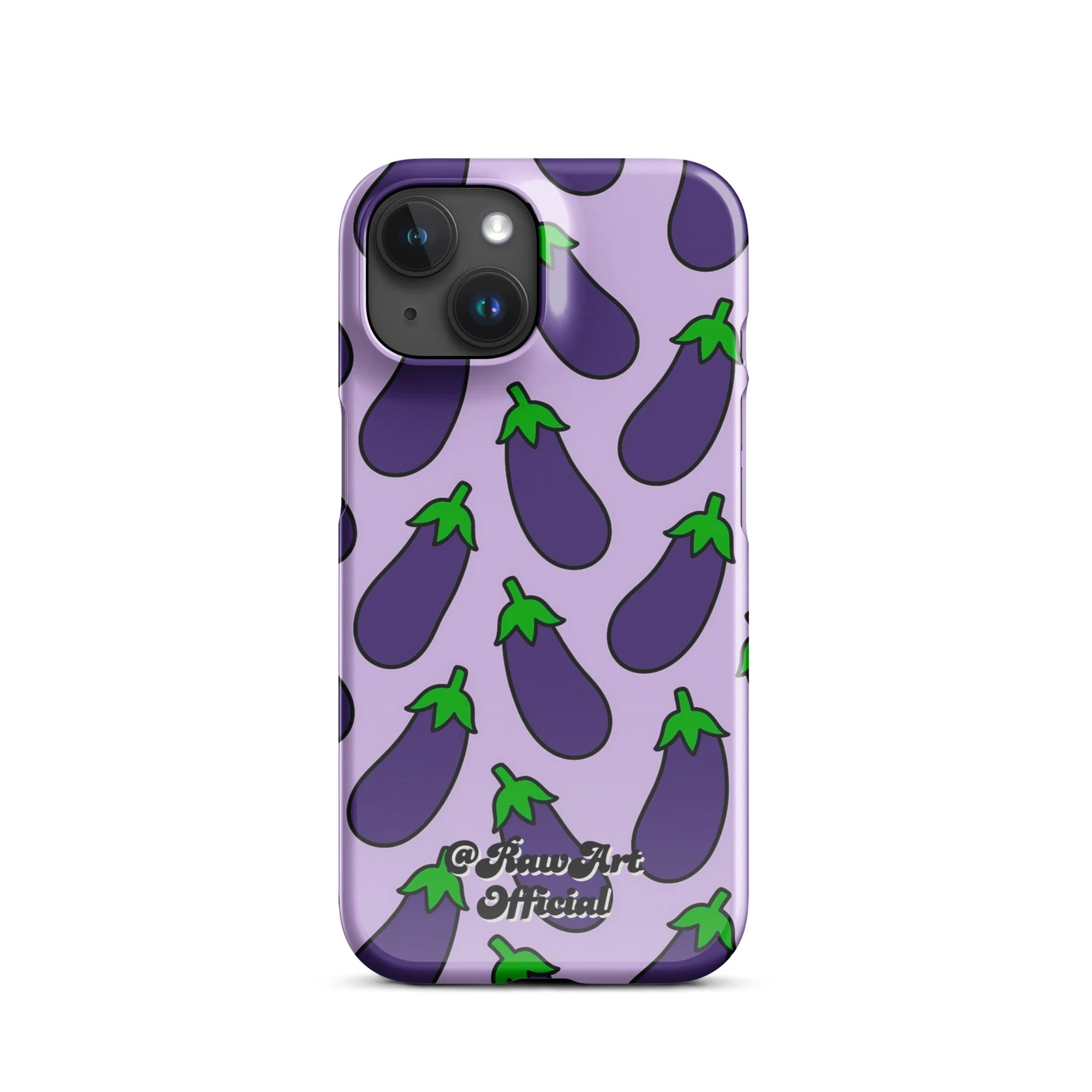 Lavender iPhone case with purple eggplant pattern, retro emoji design.
