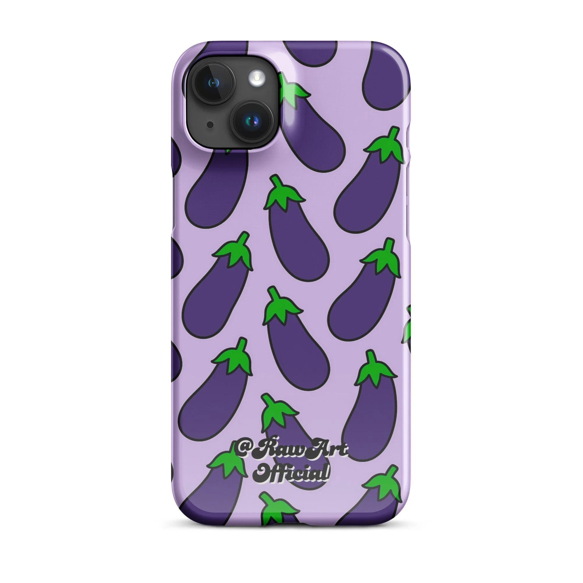 Lavender iPhone case with purple eggplant pattern, retro emoji design.