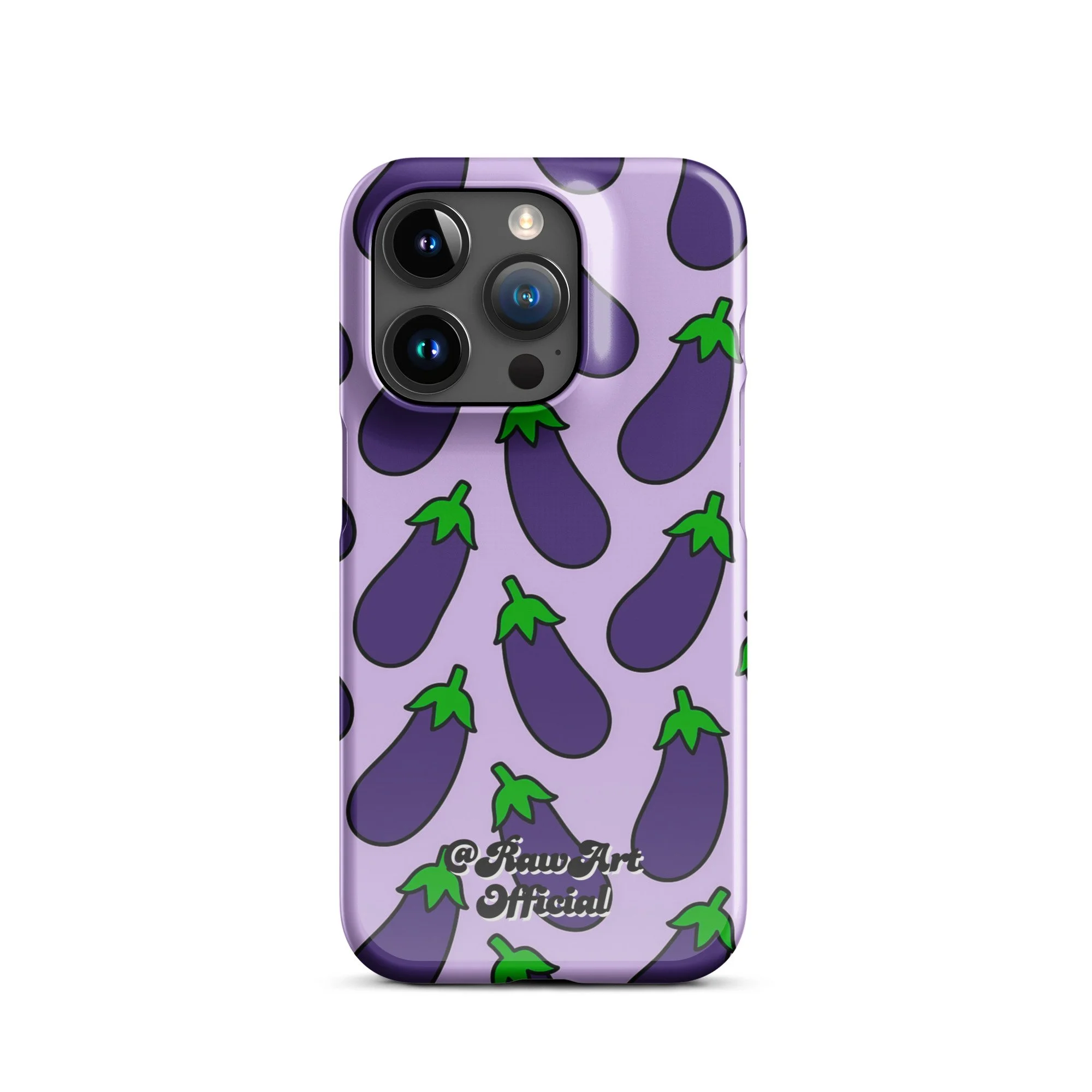 Lavender iPhone case with purple eggplant pattern, retro emoji design.
