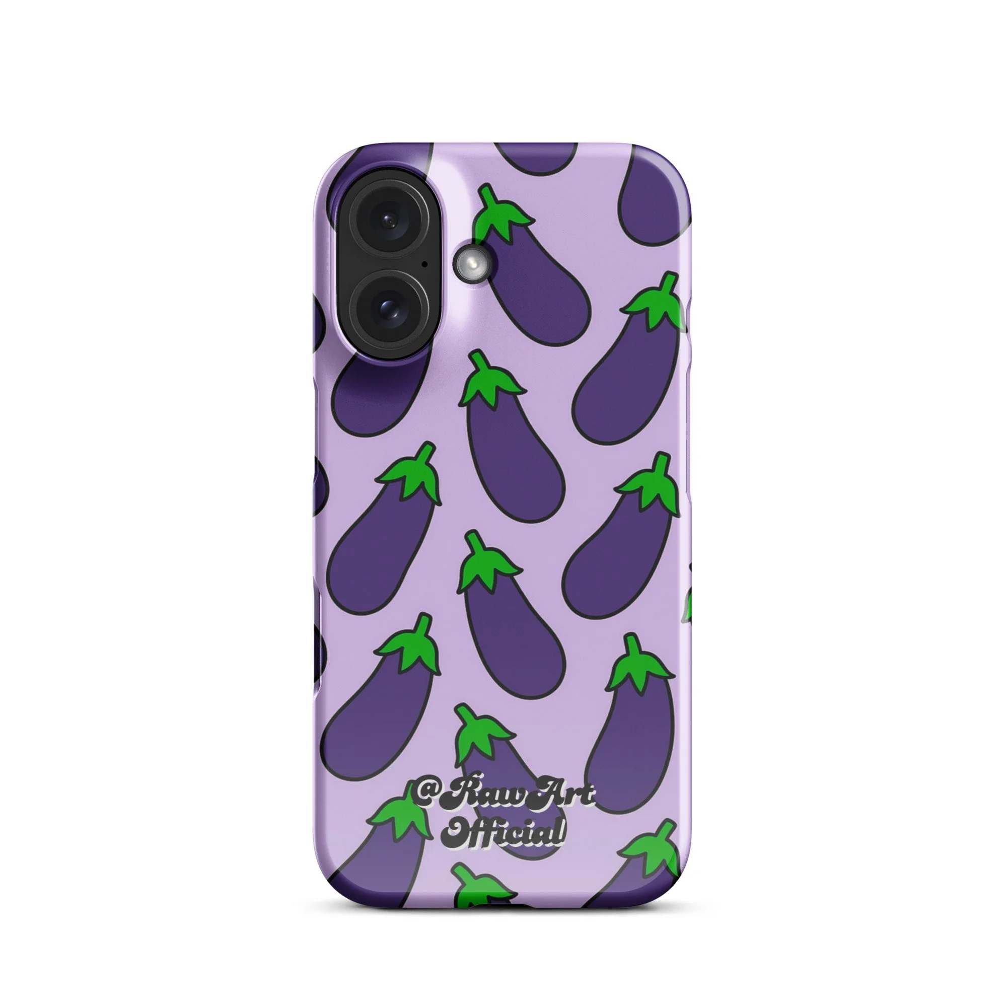 Lavender iPhone case with purple eggplant pattern, retro emoji design.