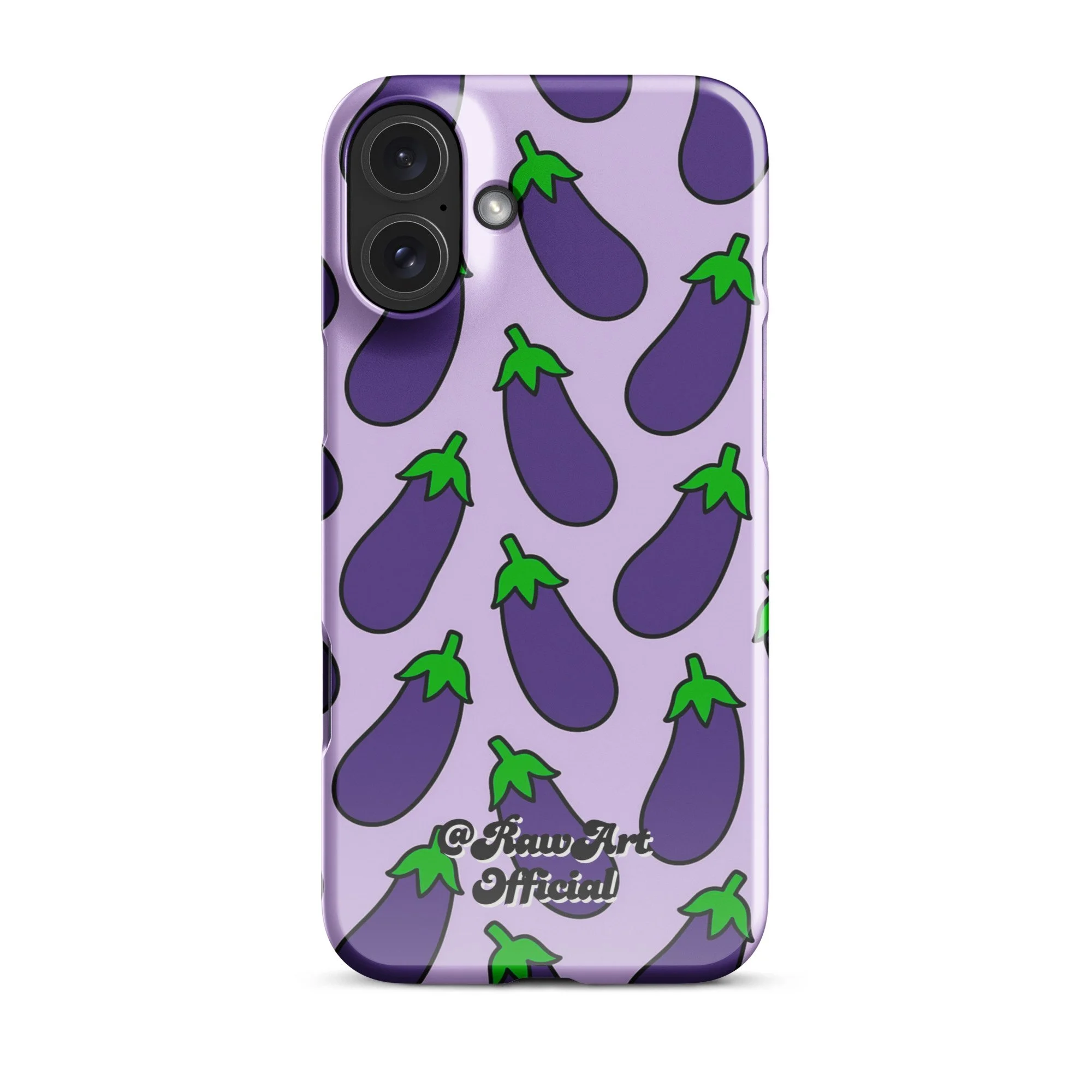 Lavender iPhone case with purple eggplant pattern, retro emoji design.