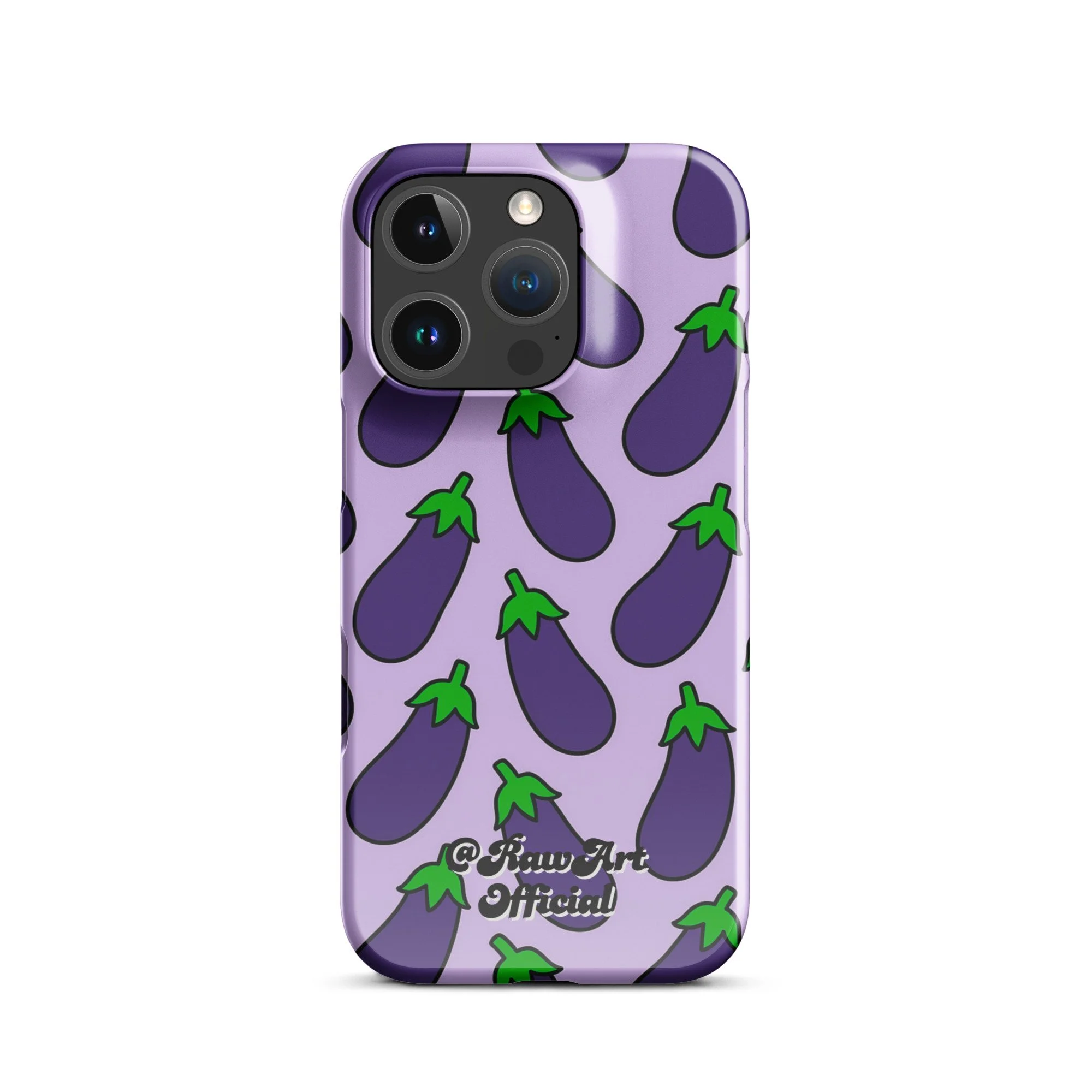 Lavender iPhone case with purple eggplant pattern, retro emoji design.