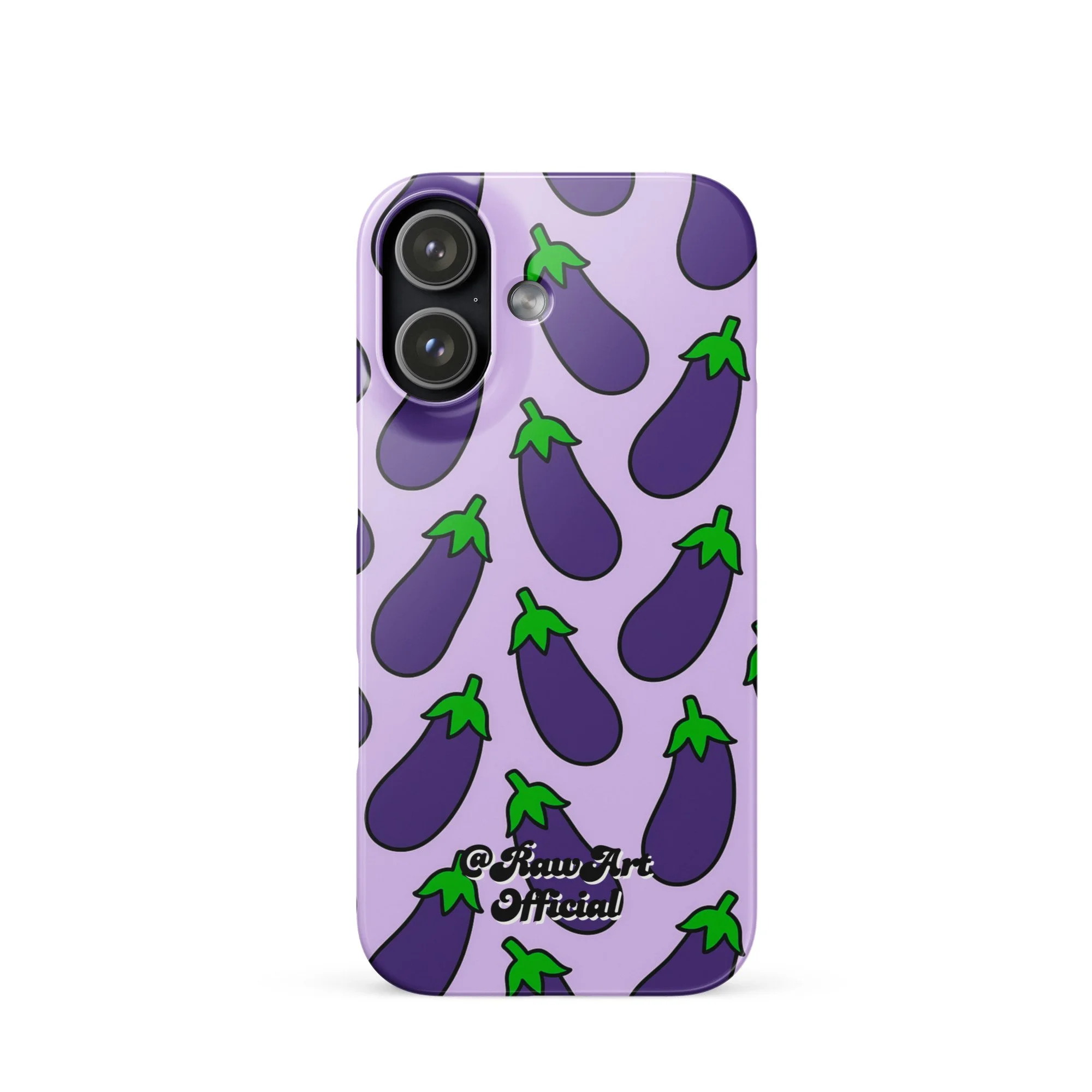Lavender iPhone case with purple eggplant pattern, retro emoji design.