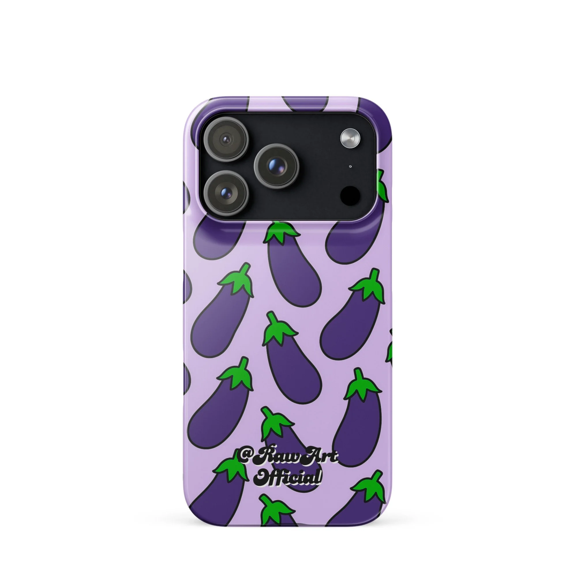 Lavender iPhone case with purple eggplant pattern, retro emoji design.
