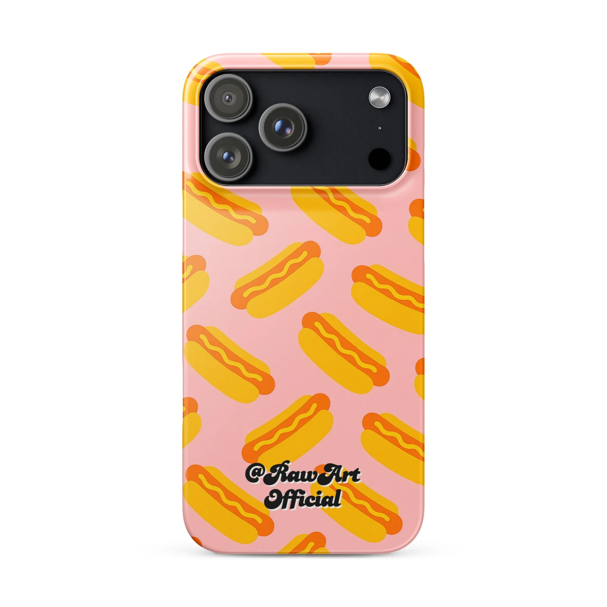 Pink iPhone case with yellow hot dog pattern, retro food design.