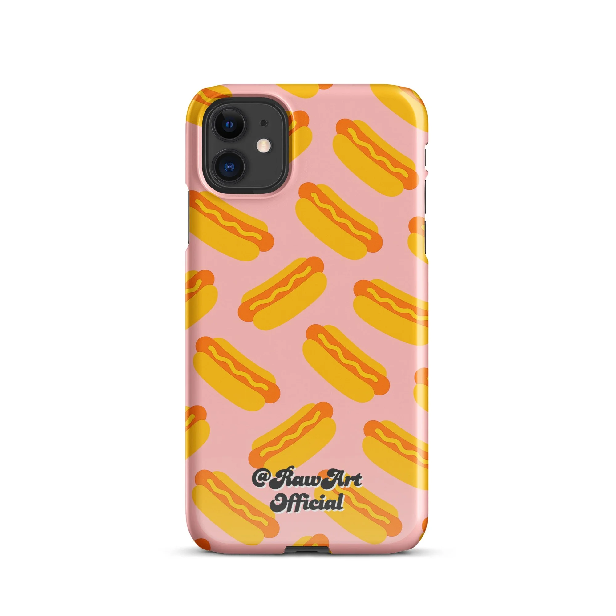 Pink iPhone case with yellow hot dog pattern, retro food design.