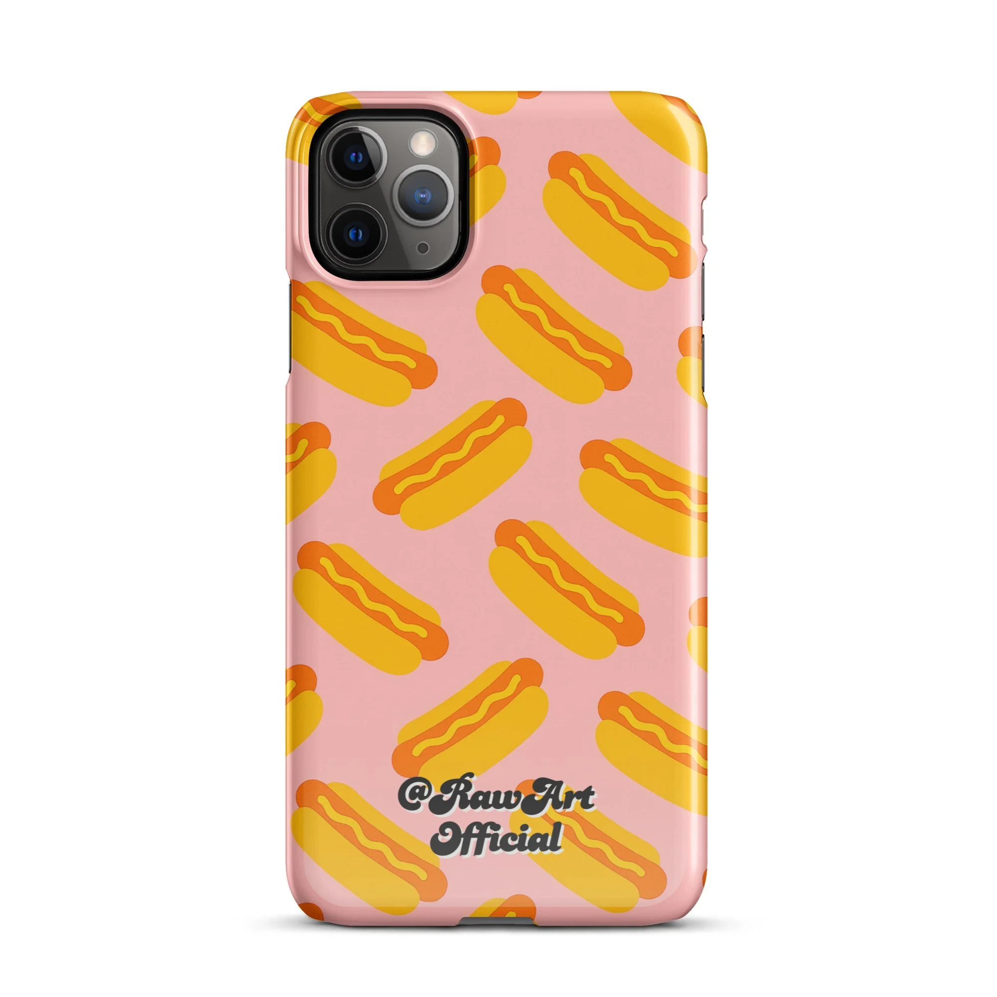 Pink iPhone case with yellow hot dog pattern, retro food design.