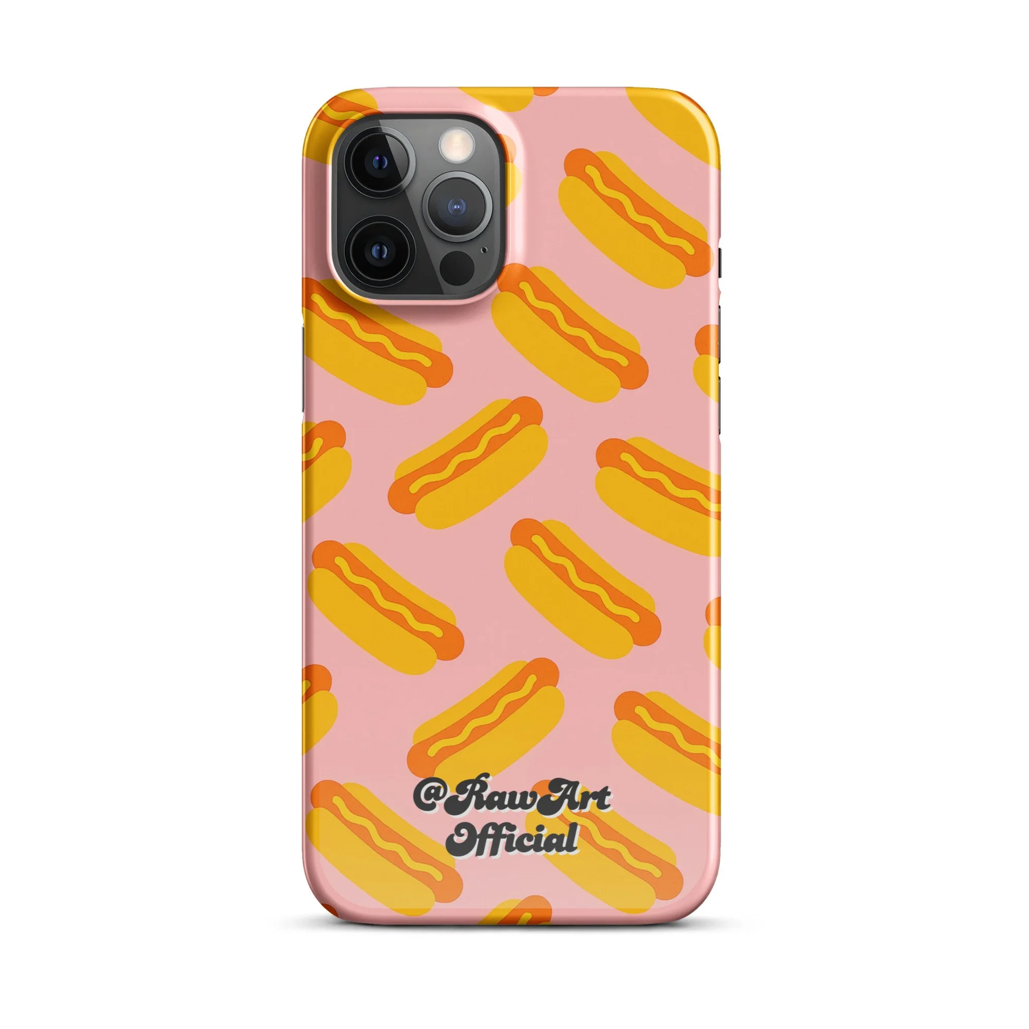 Pink iPhone case with yellow hot dog pattern, retro food design.