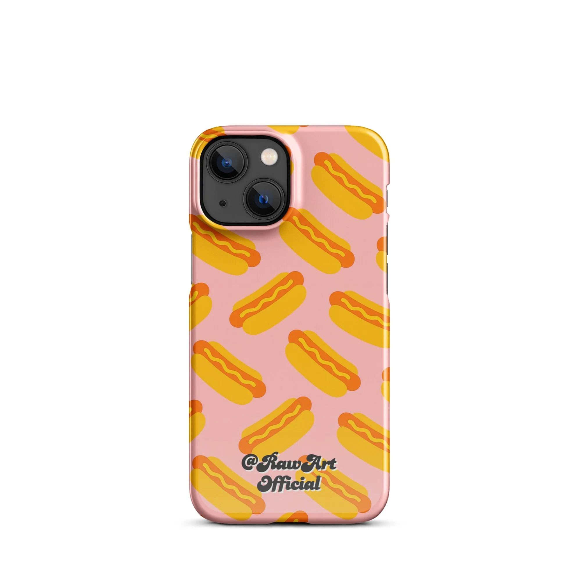 Pink iPhone case with yellow hot dog pattern, retro food design.