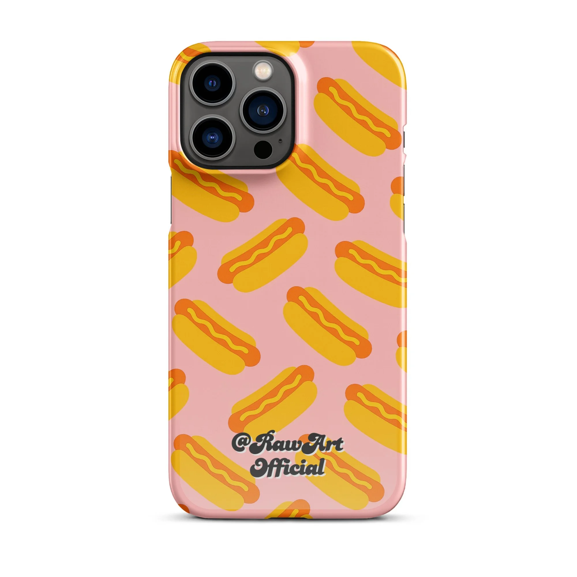 Pink iPhone case with yellow hot dog pattern, retro food design.