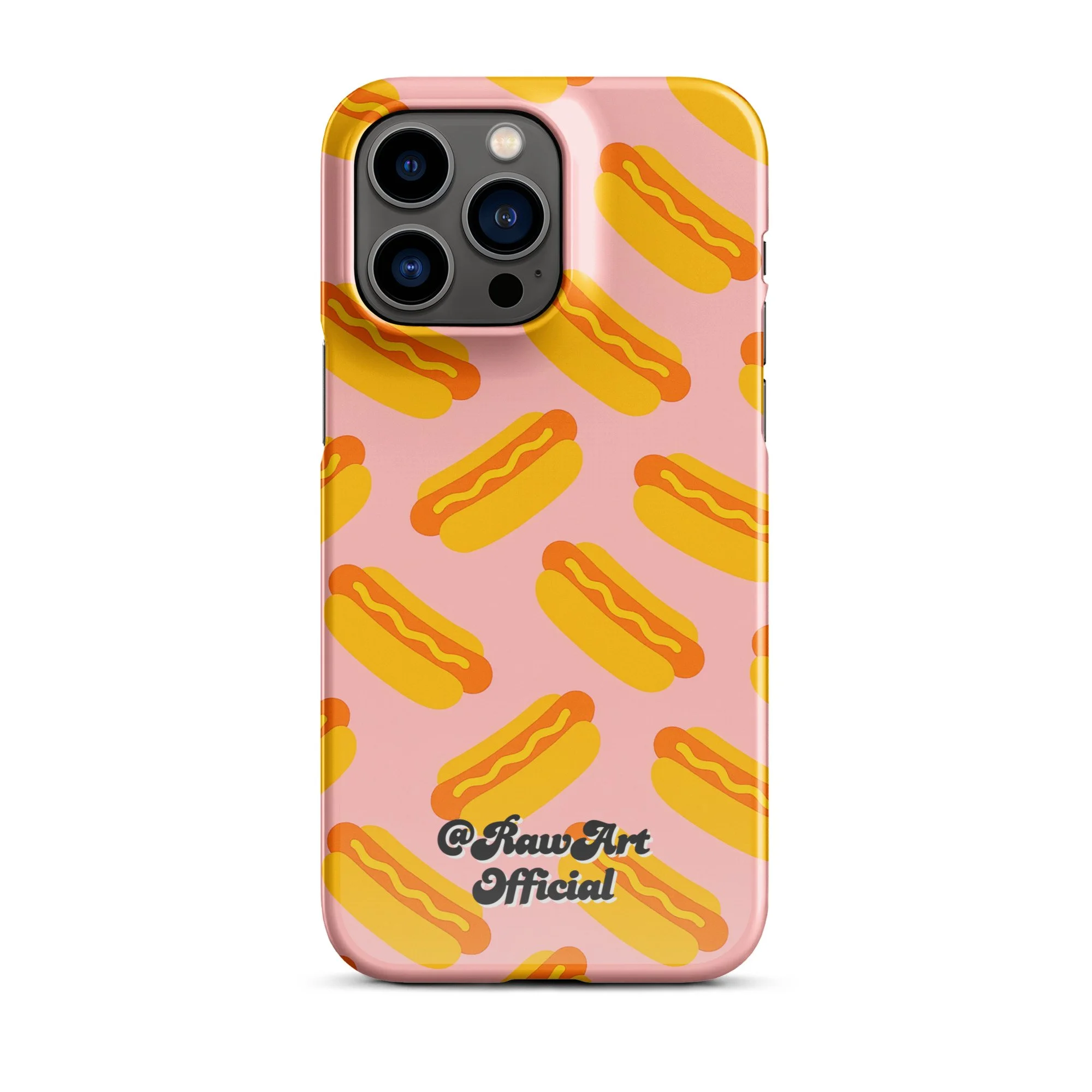 Pink iPhone case with yellow hot dog pattern, retro food design.