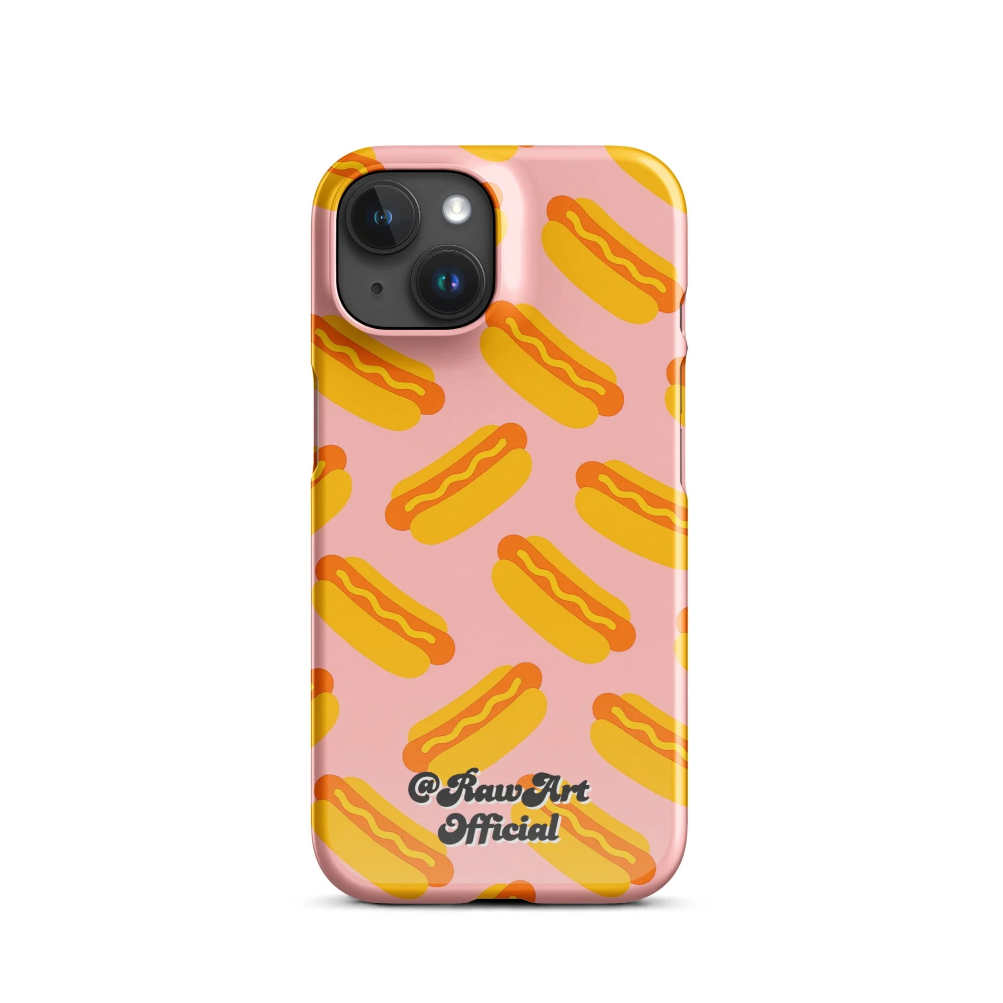 Pink iPhone case with yellow hot dog pattern, retro food design.